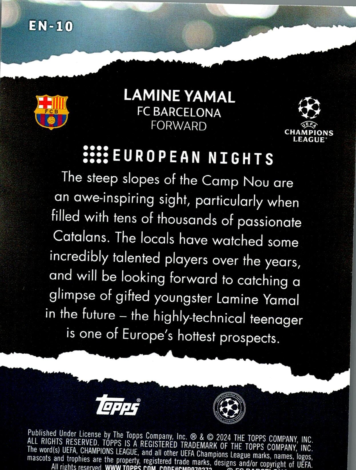 TOPPS UEFA CHAMPIONS LEAGUE 2023/2024 LAMINE YAMAL EUROPEAN NIGHTS NºEN-10 ROOKIE