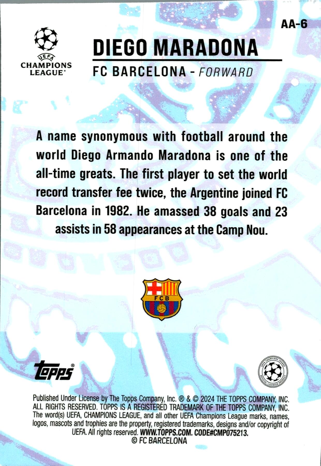 TOPPS MERLIN UCL 2023/2024 DIEGO MARADONA AGÉLESS ALCHEMY NºAA-6