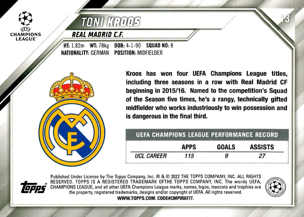 TOPPS UEFA CHAMPIONS LEAGUE 2021/2022 TONI KROOS Nº13 1ST EDITION