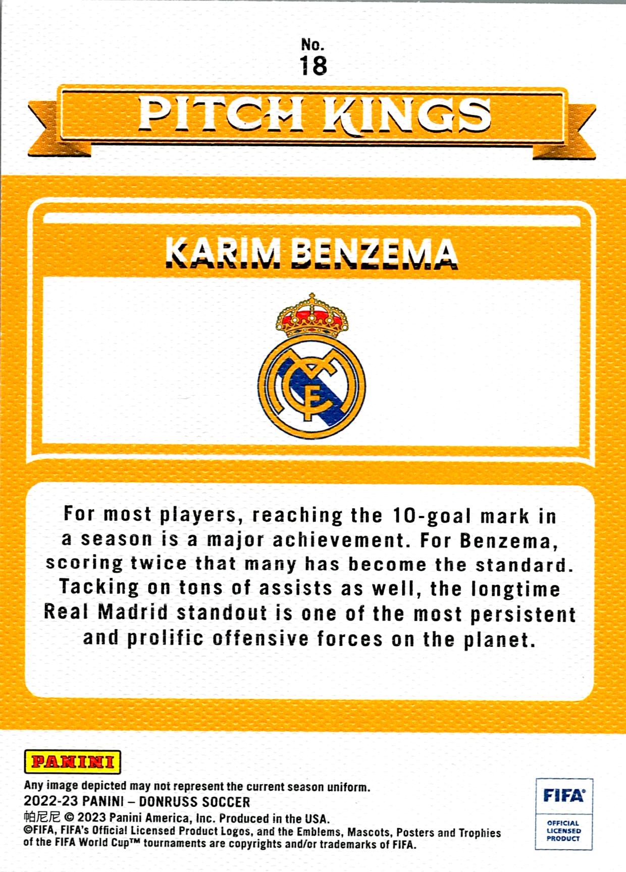 PANINI DONRUSS 2022/2023 BENZEMA Nº18 PITCH KINGS