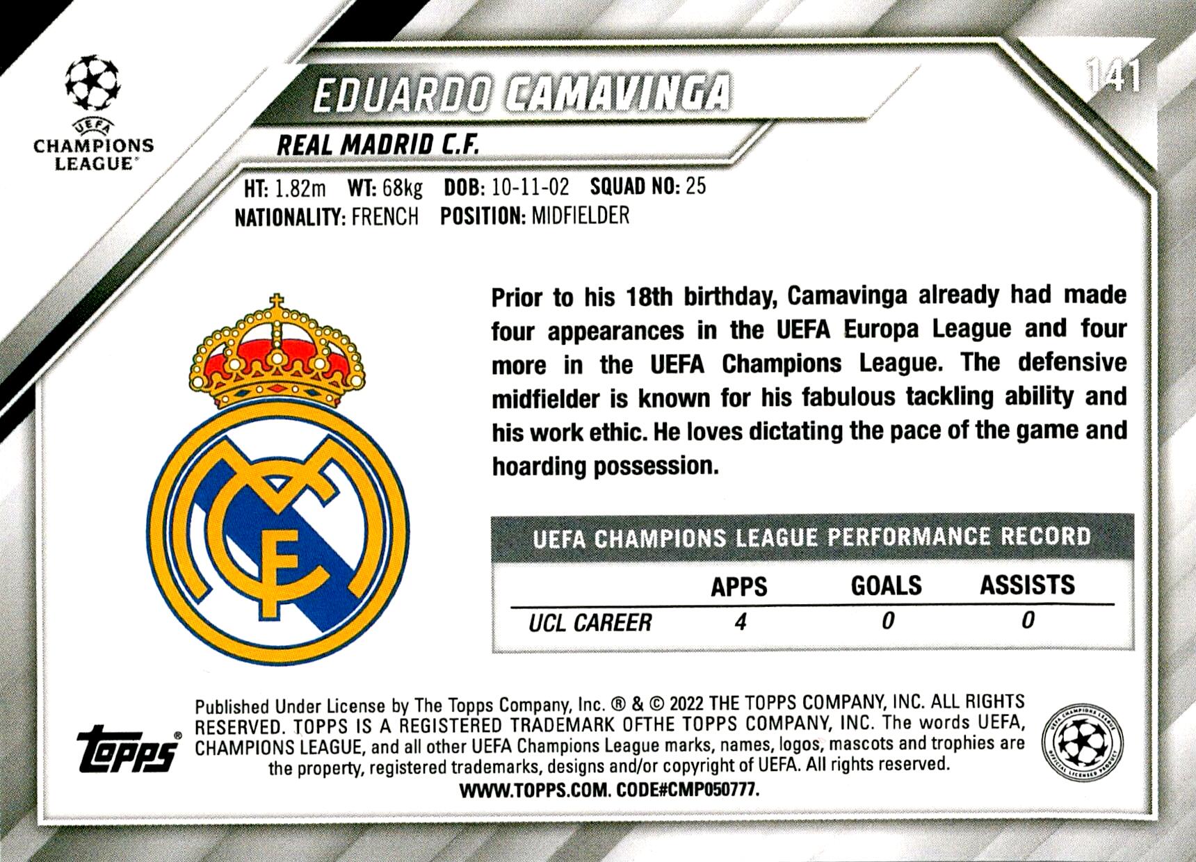 TOPPS UEFA CHAMPIONS LEAGUE 2021/2022 CAMAVINGA Nº141 1ST EDITION