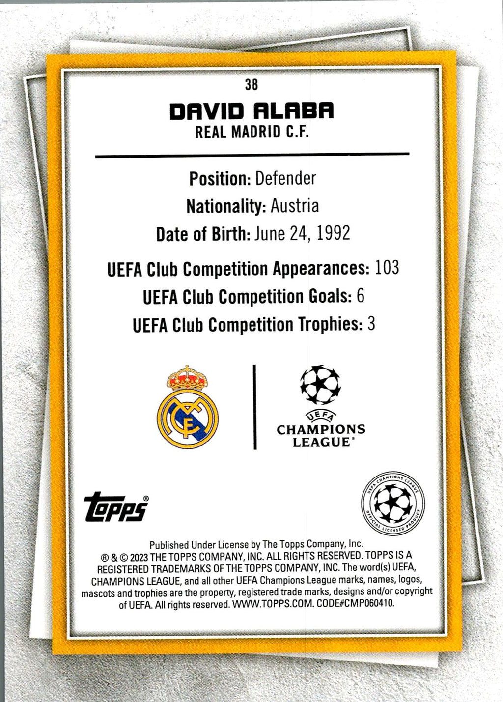 TOPPS SUPERSTAR 2023 DAVID ALABA Nº 38