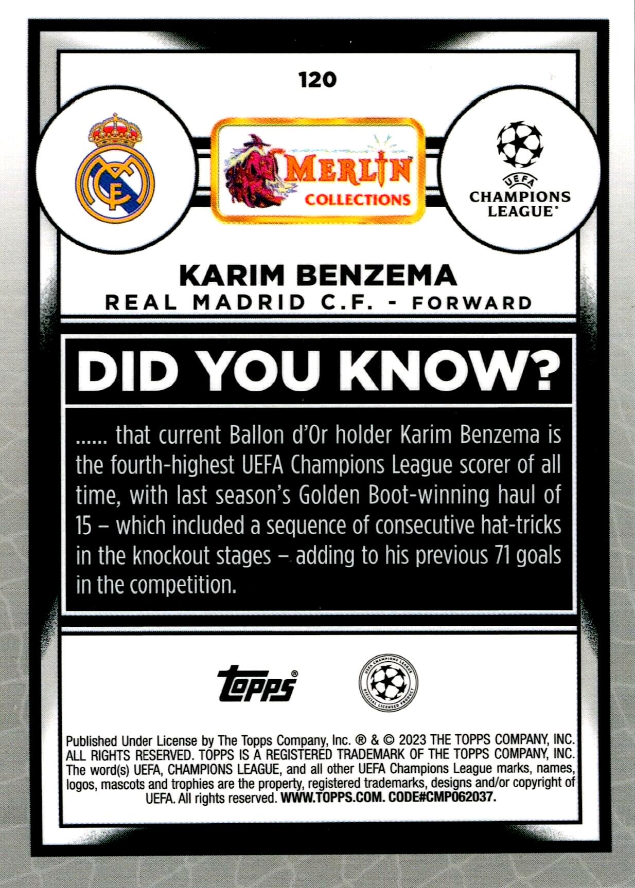 TOPPS MERLIN 2022/2023 KARIM BENZEMA Nº120 NUMERADA /199