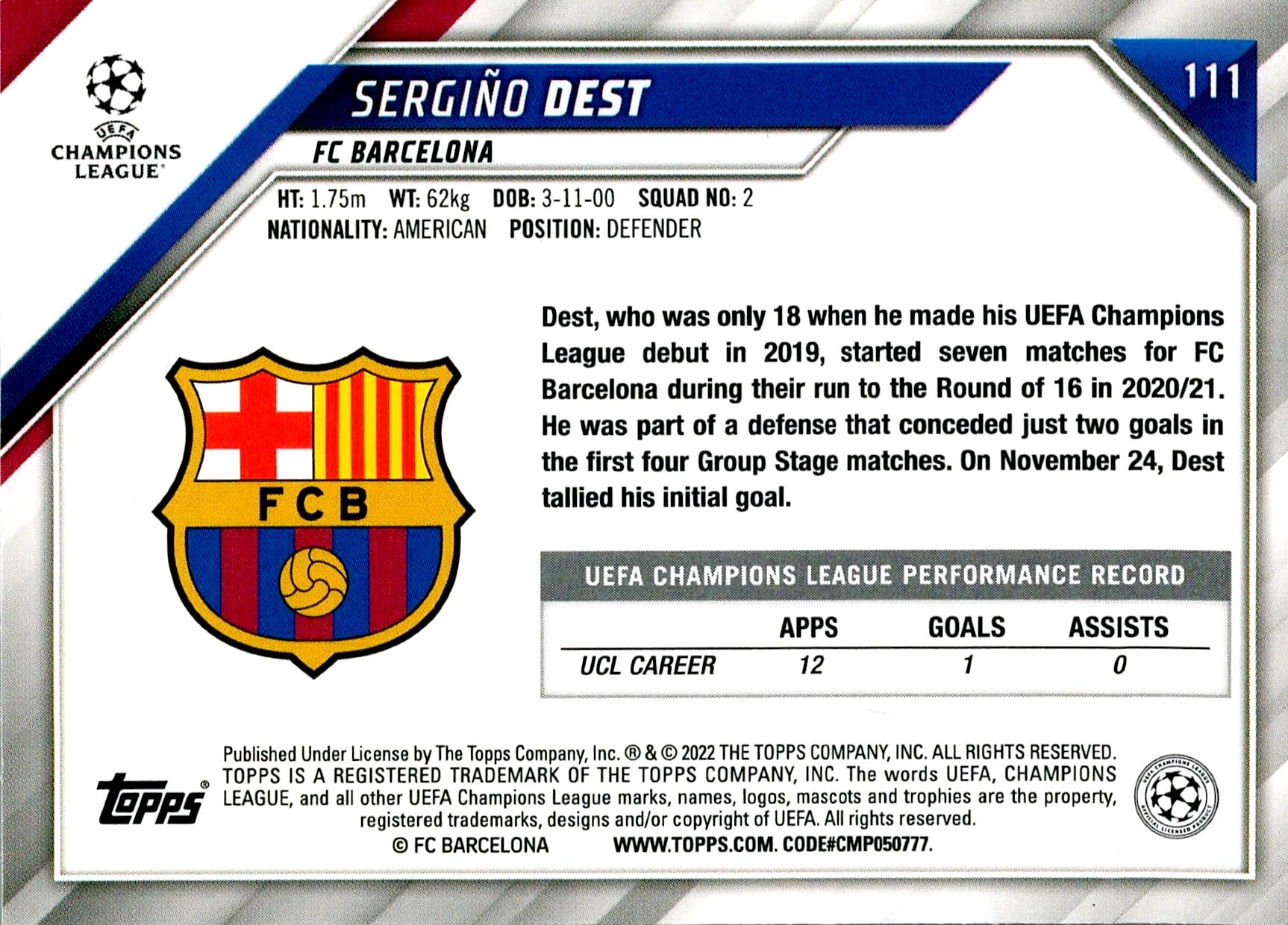 TOPPS UEFA CHAMPIONS LEAGUE 2021/2022 SERGIÑO DEST GREEN PARALLEL Nº111
