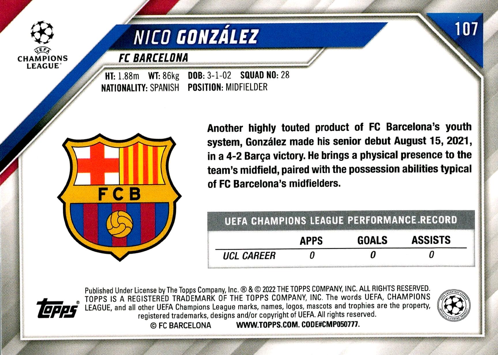 TOPPS UEFA CHAMPIONS LEAGUE 2021/2022 NICO GONZALEZ STAR BALL Nº107 ROOKIE