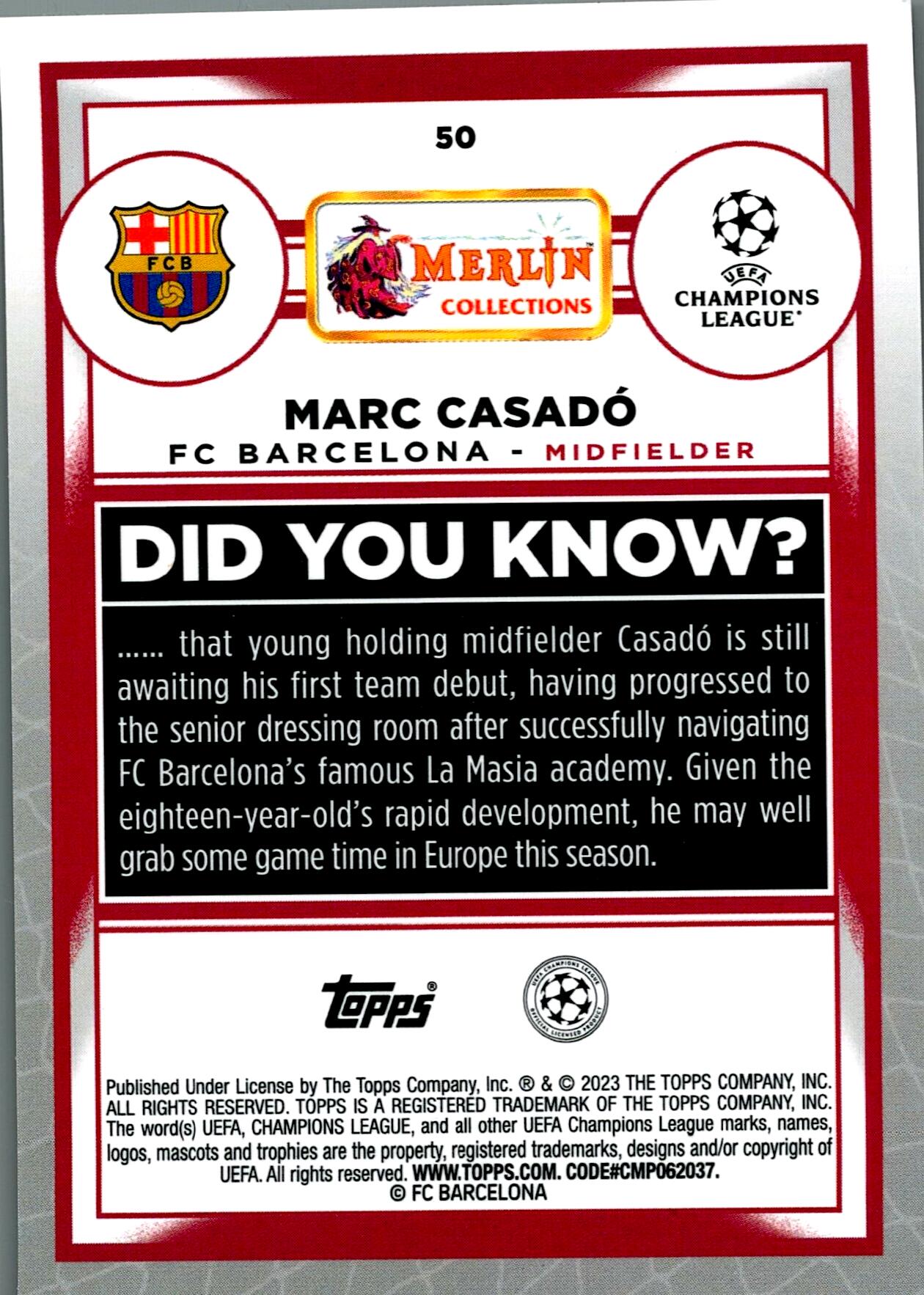 TOPPS MERLIN 2022/2023 MARC CASADÓ Nº50 ROOKIE
