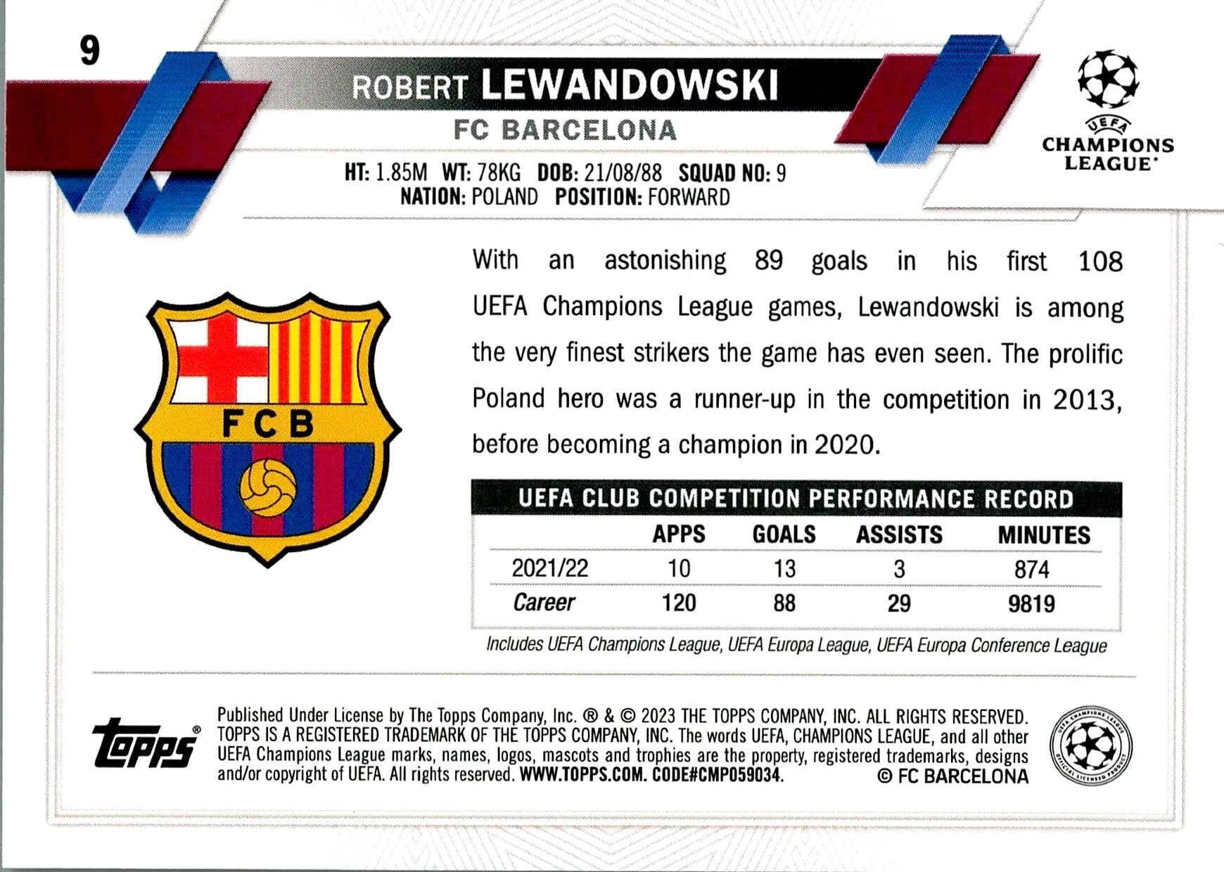 TOPPS UEFA CHAMPIONS LEAGUE 2022/2023 LEWANDOWSKI Nº9