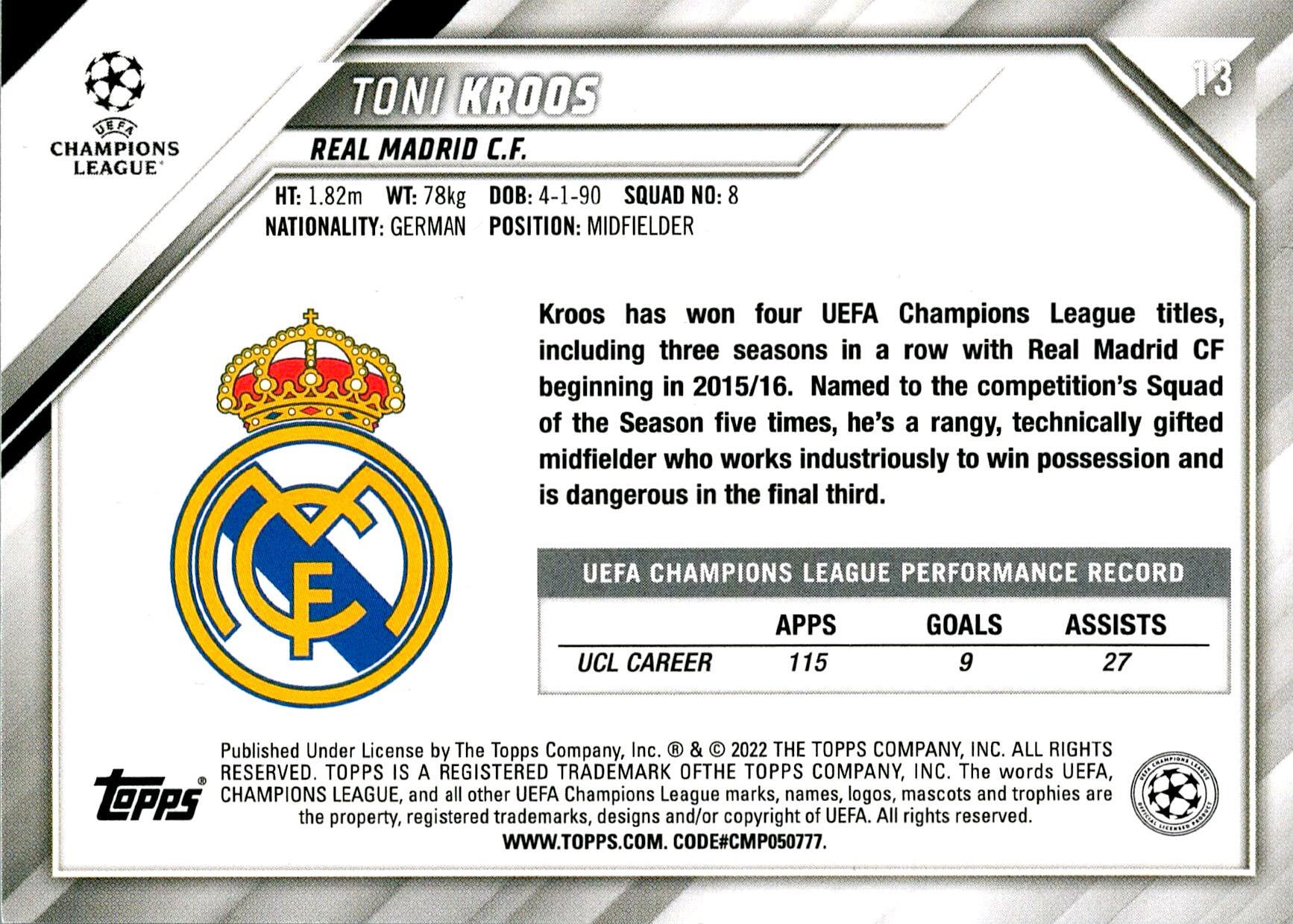 TOPPS UEFA CHAMPIONS LEAGUE 2021/2022 TONI KROOS Nº13