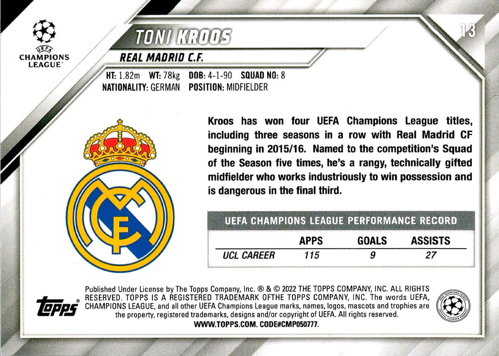 TOPPS UEFA CHAMPIONS LEAGUE 2021/2022 TONI KROOS Nº13