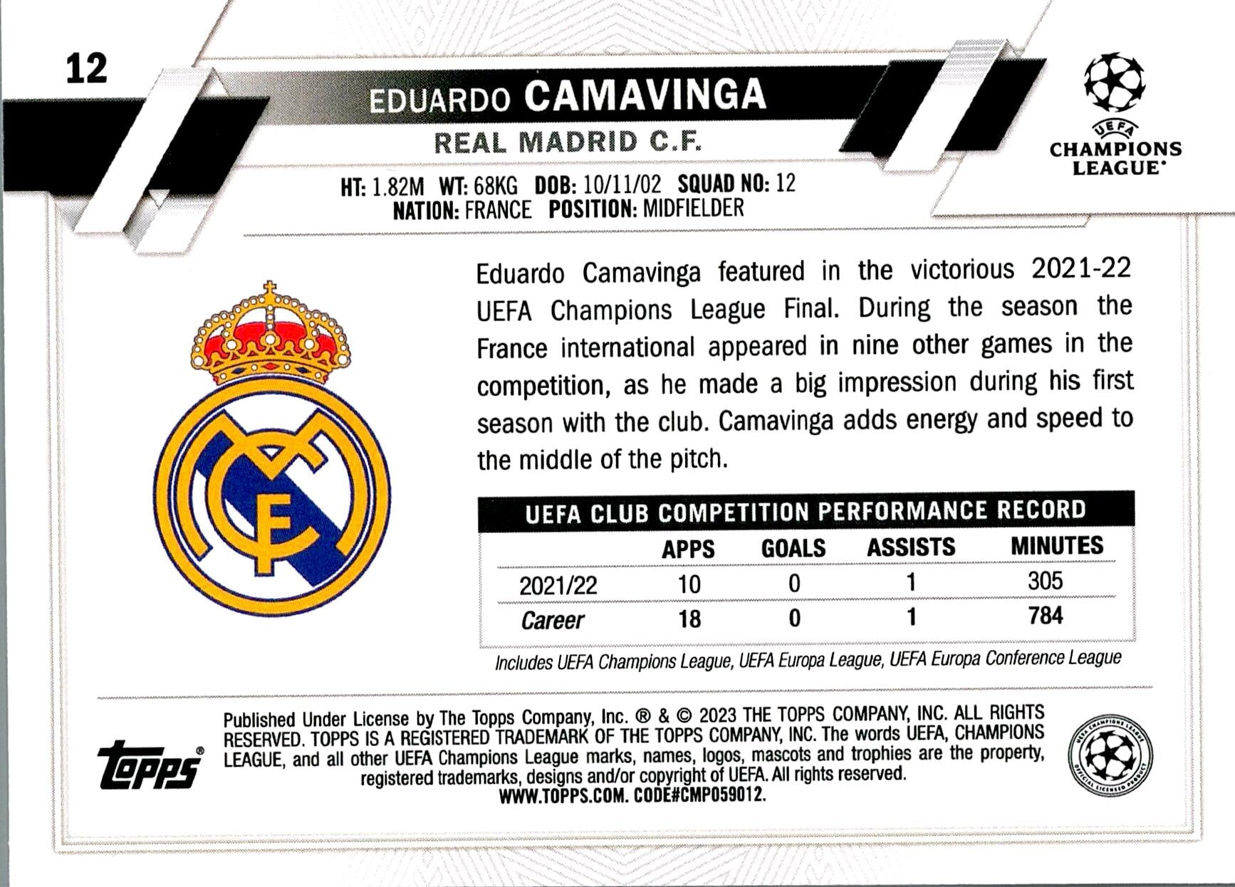 TOPPS UEFA CHAMPIONS LEAGUE 2022/2023 CAMAVINGA Nº12 1ST EDITION