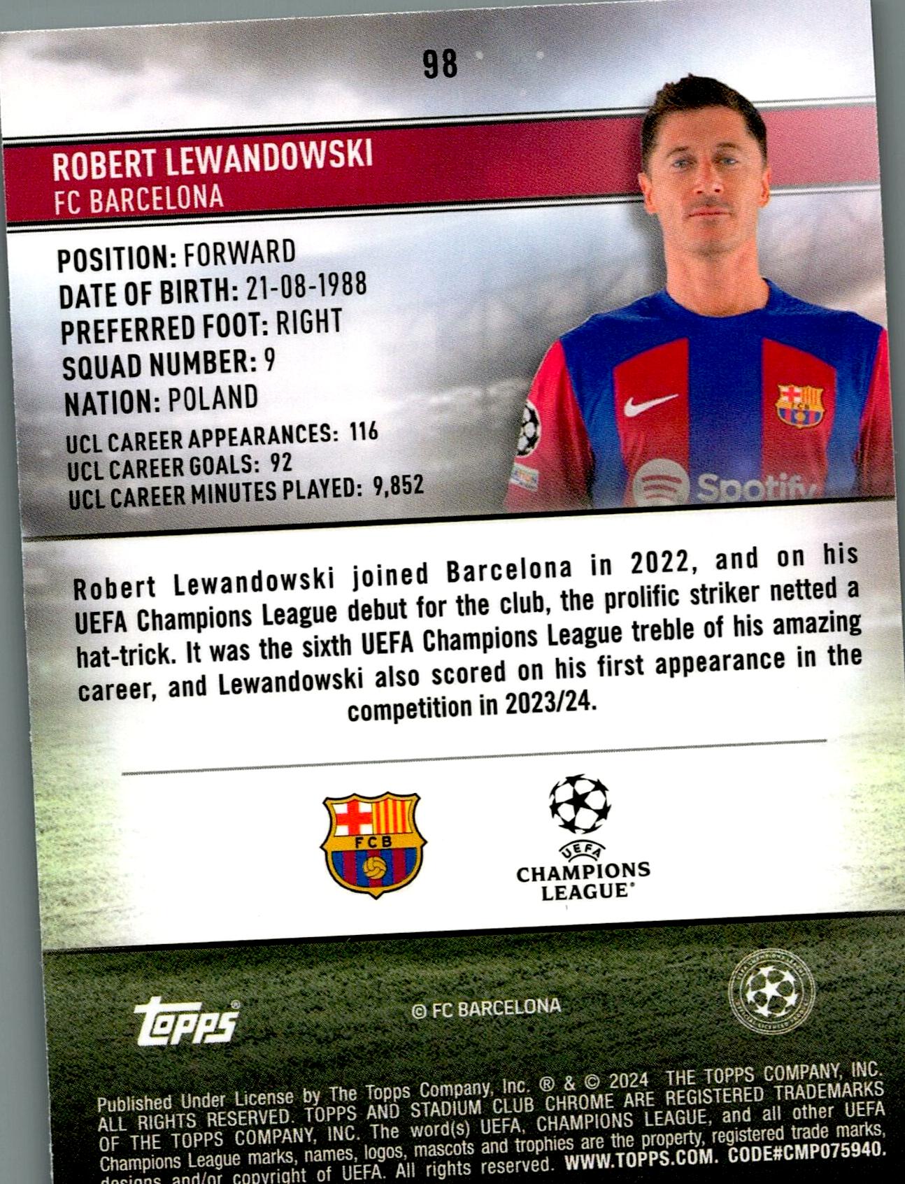 TOPPS STADIUM CHROME 2023/2024 LEWANDOWSKI Nº98 NUMERADA /50