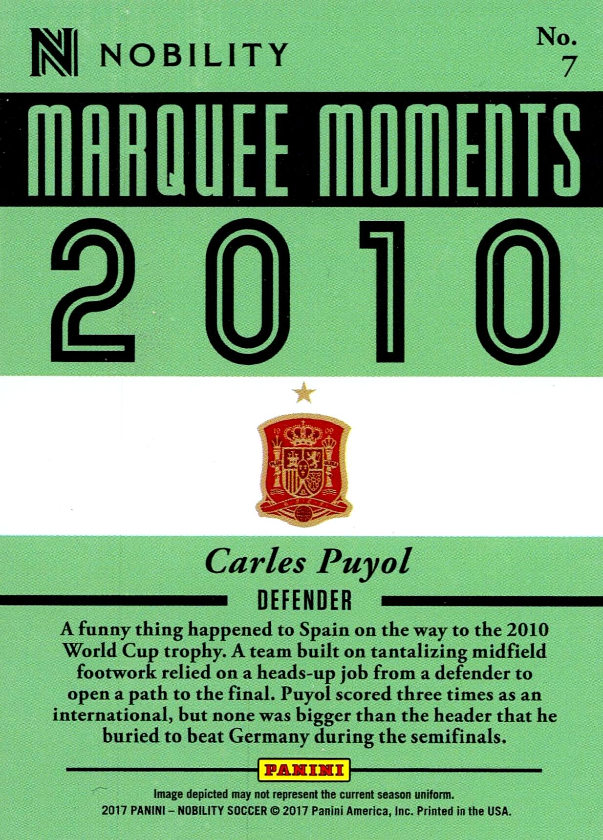 PANINI NOBILITY 2016/2017 CARLES PUYOL MARQUEE MOMENTS Nº7