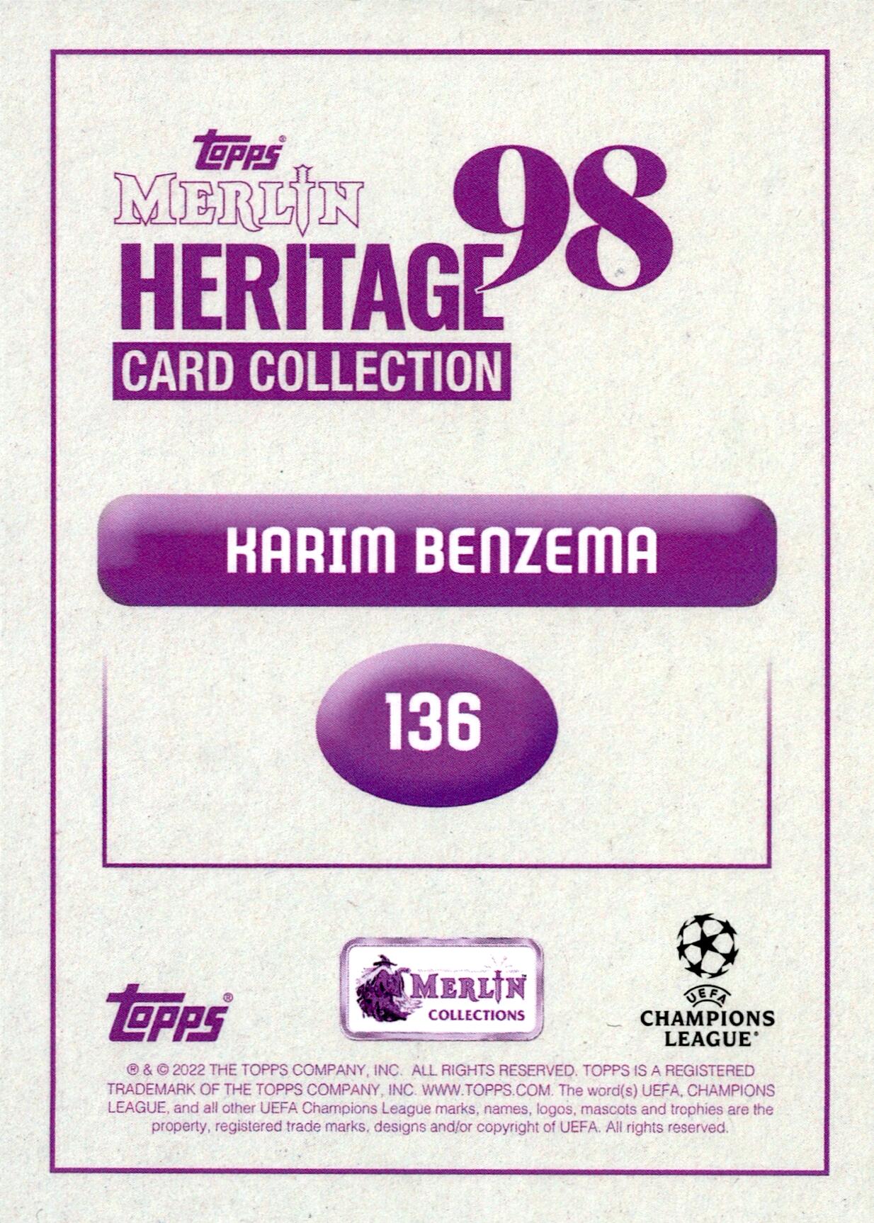TOPPS MERLIN HERITAGE 98 2022/2023 BENZEMA Nº136 INSERT