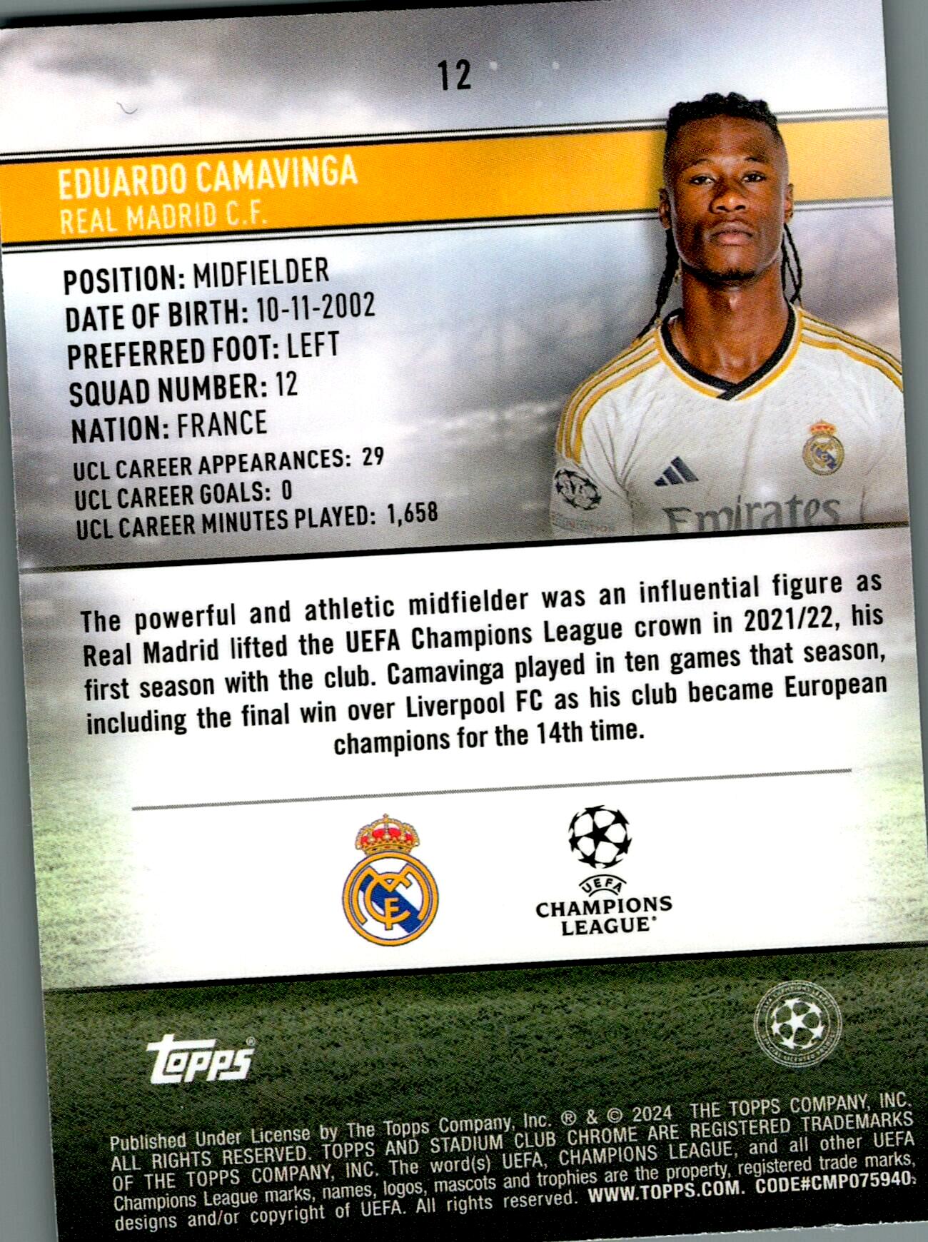 TOPPS STADIUM CHROME 2023/2024 CAMAVINGA Nº12 NUMERADA /250