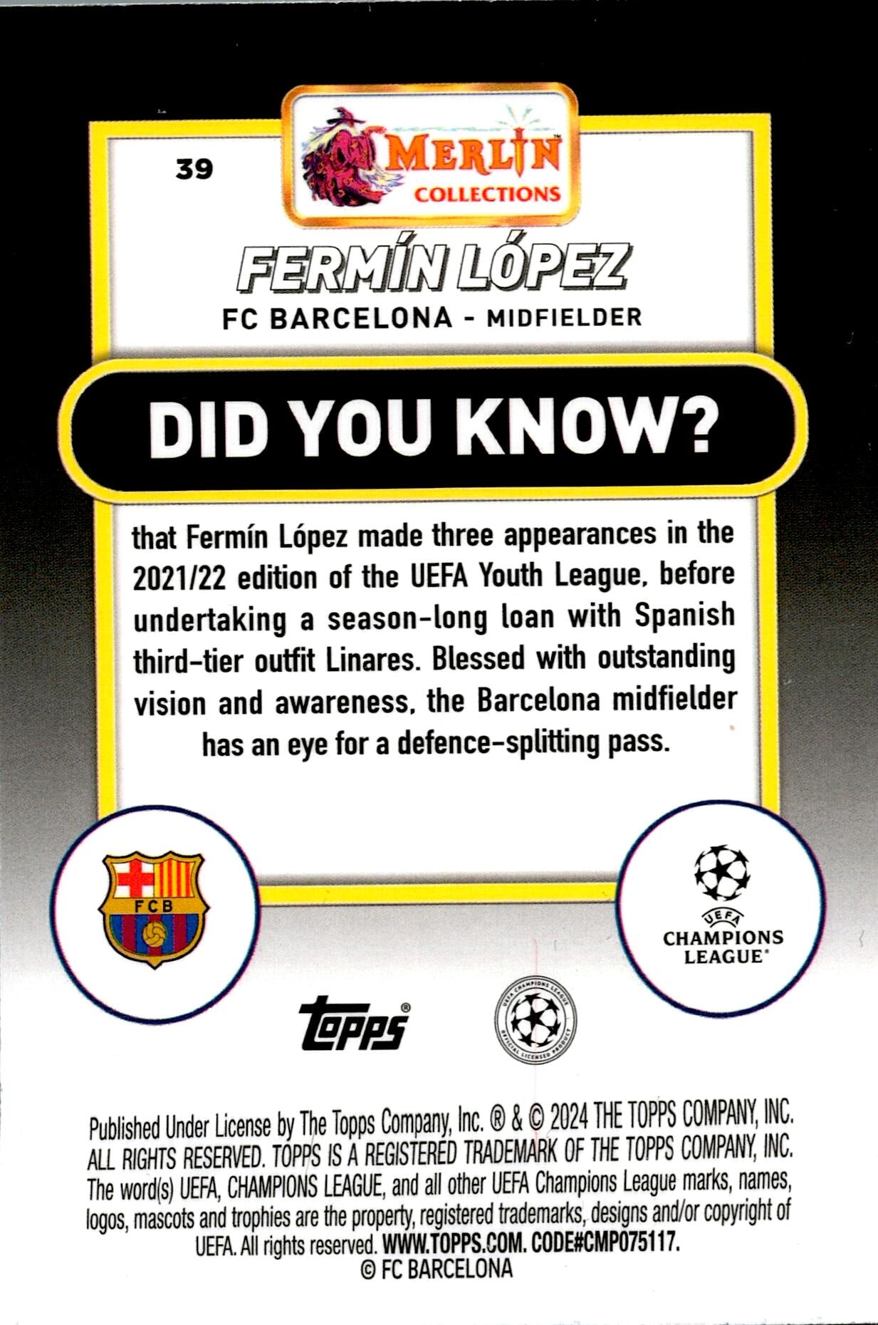 TOPPS MERLÍN UCL 2023/2024 FERMÍN Nº39 ROOKIE