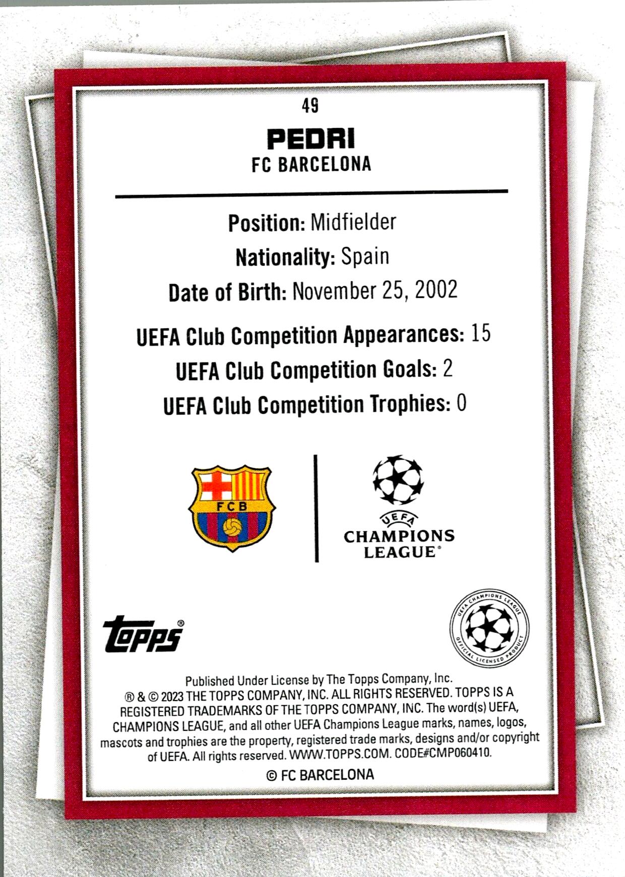 TOPPS SUPER STARS 2022/2023 PEDRI YELLOW PARALLEL Nº49