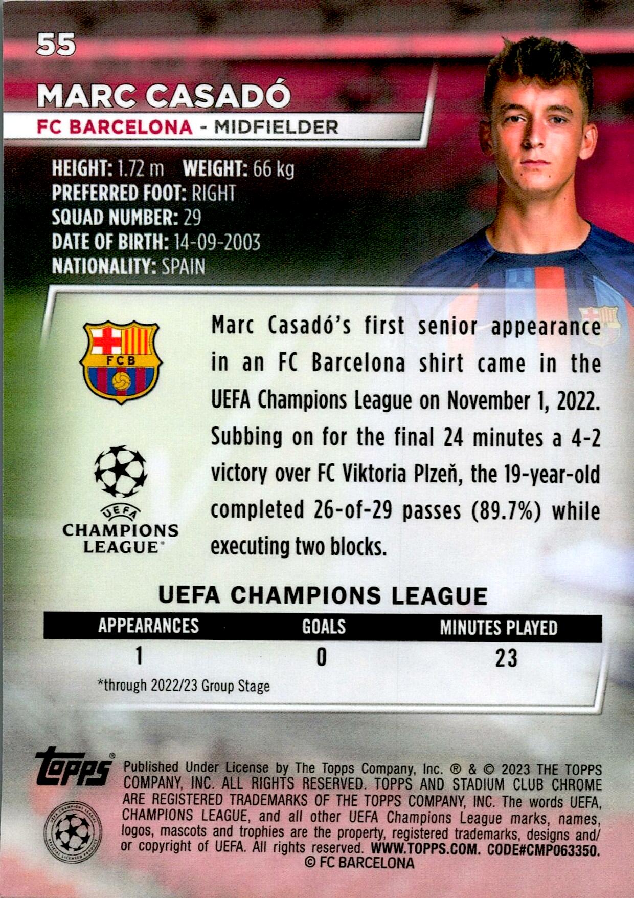 TOPPS STADIUM CHROME 2022/2023 MARC CASADÓ Nº55 ROOKIE