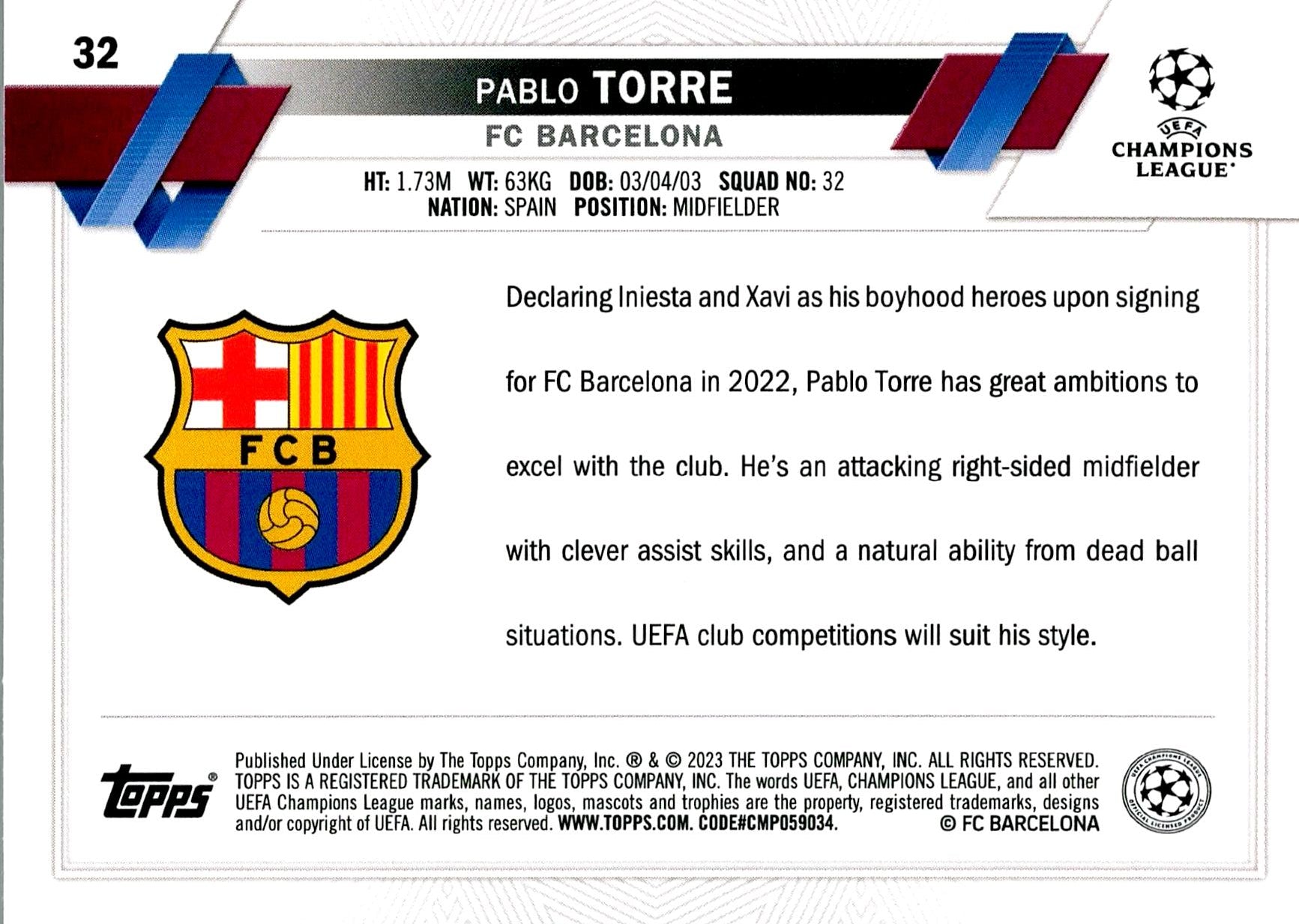 TOPPS UEFA CHAMPIONS LEAGUE 2022/2023 PABLO TORRE Nº32 ROOKIE