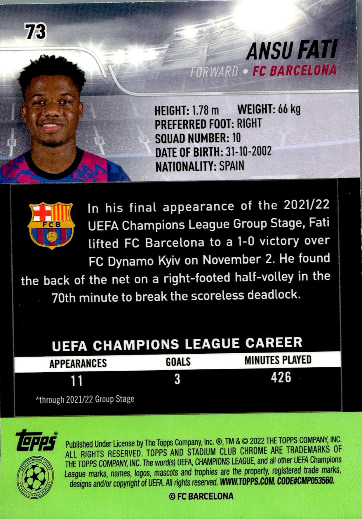 TOPPS STADIUM CHROME 2021/2022 ANSU FATI Nº73