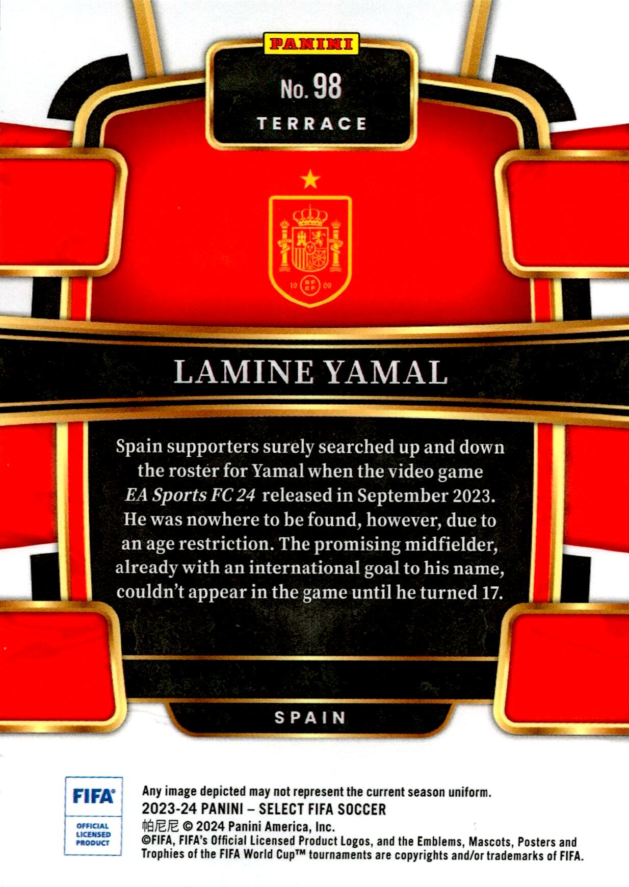 PANINI SELECT FIFA 2023/2024 LAMINE YAMAL TERRACE Nº98 ROOKIE