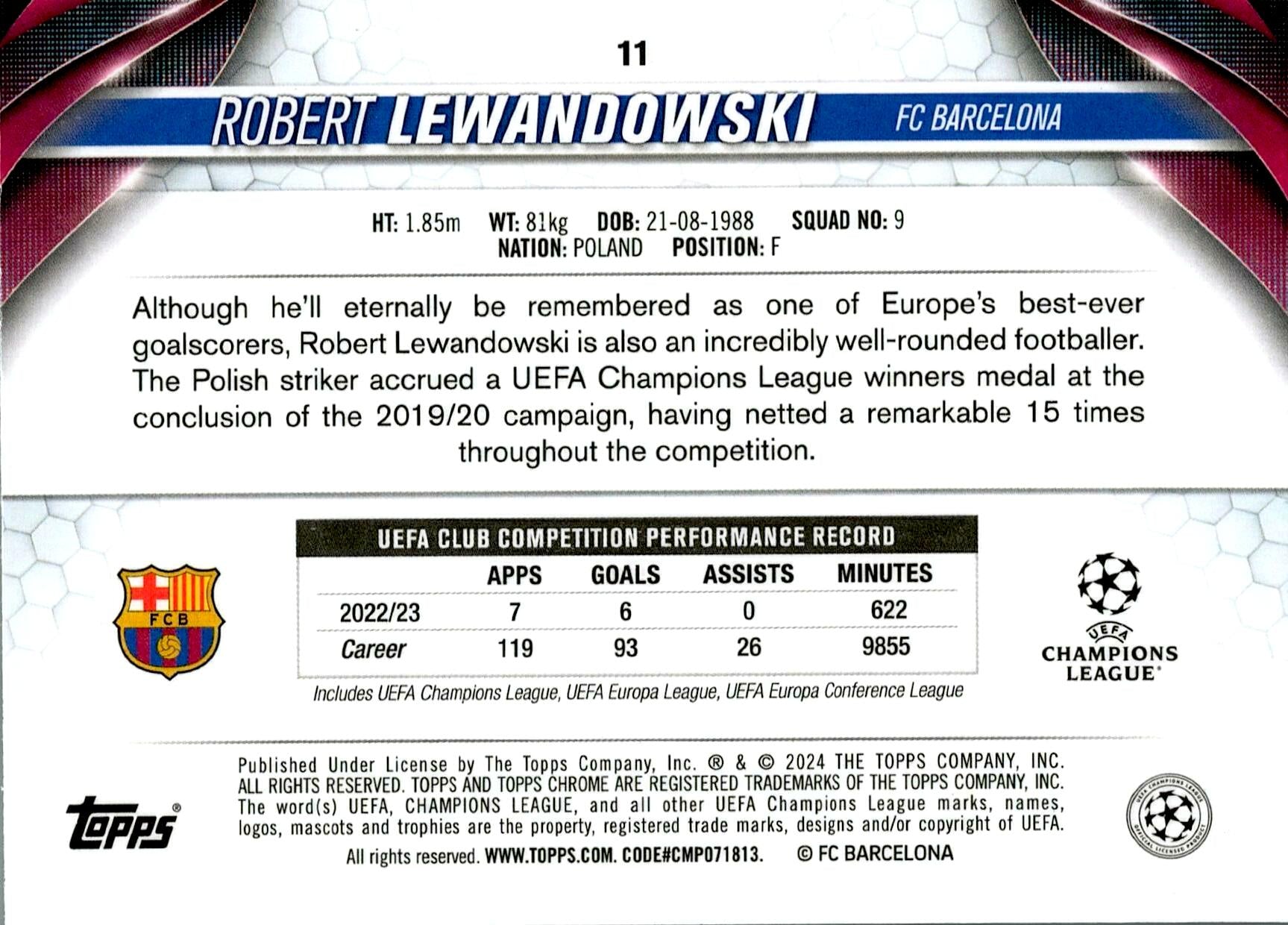 TOPPS CHROME UCL 2023/2024 LEWANDOWSKI Nº11 NUMERADA /75