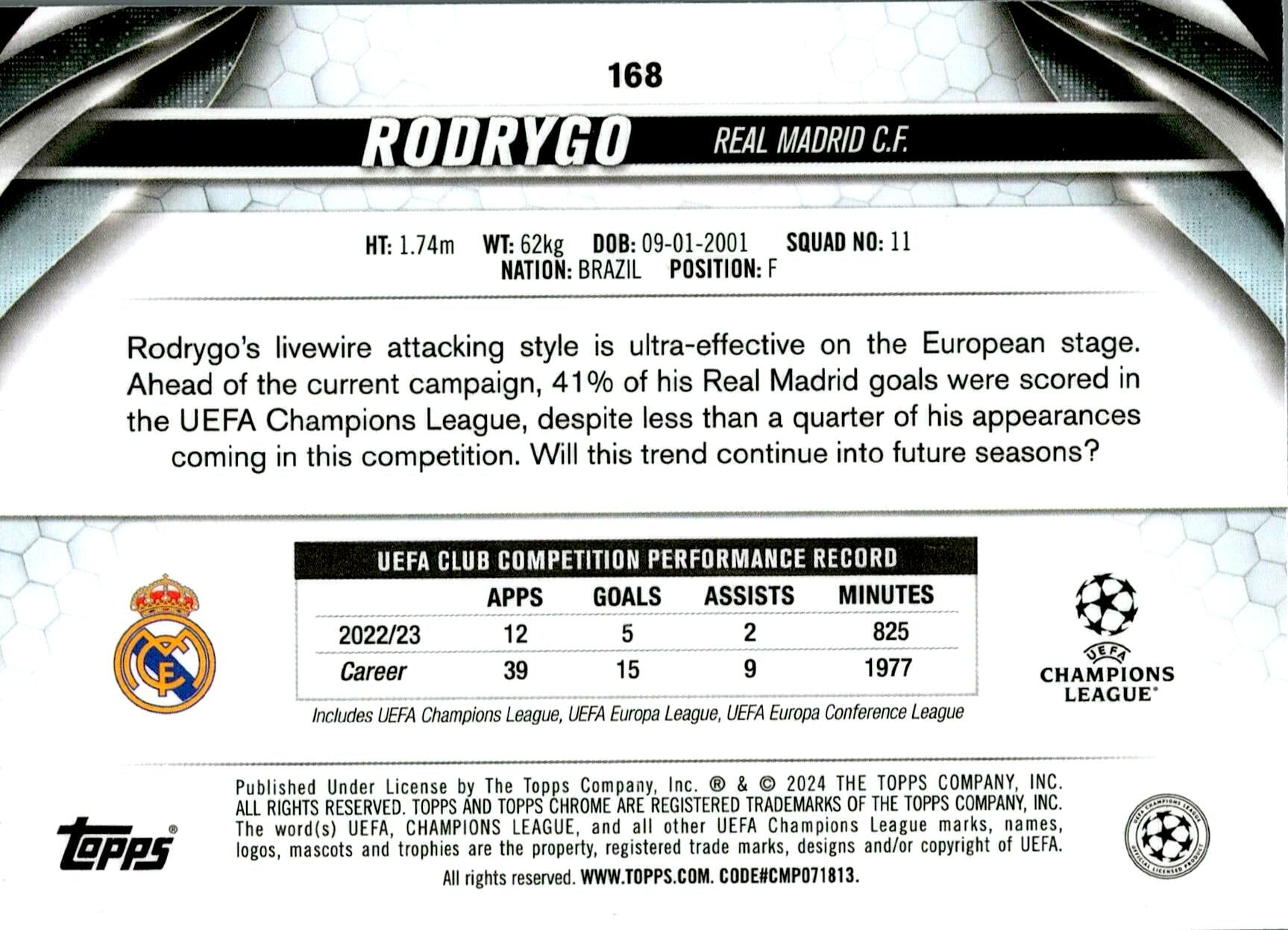 TOPPS CHROME 2023/2024 RODRYGO Nº168 NUMERADA /150