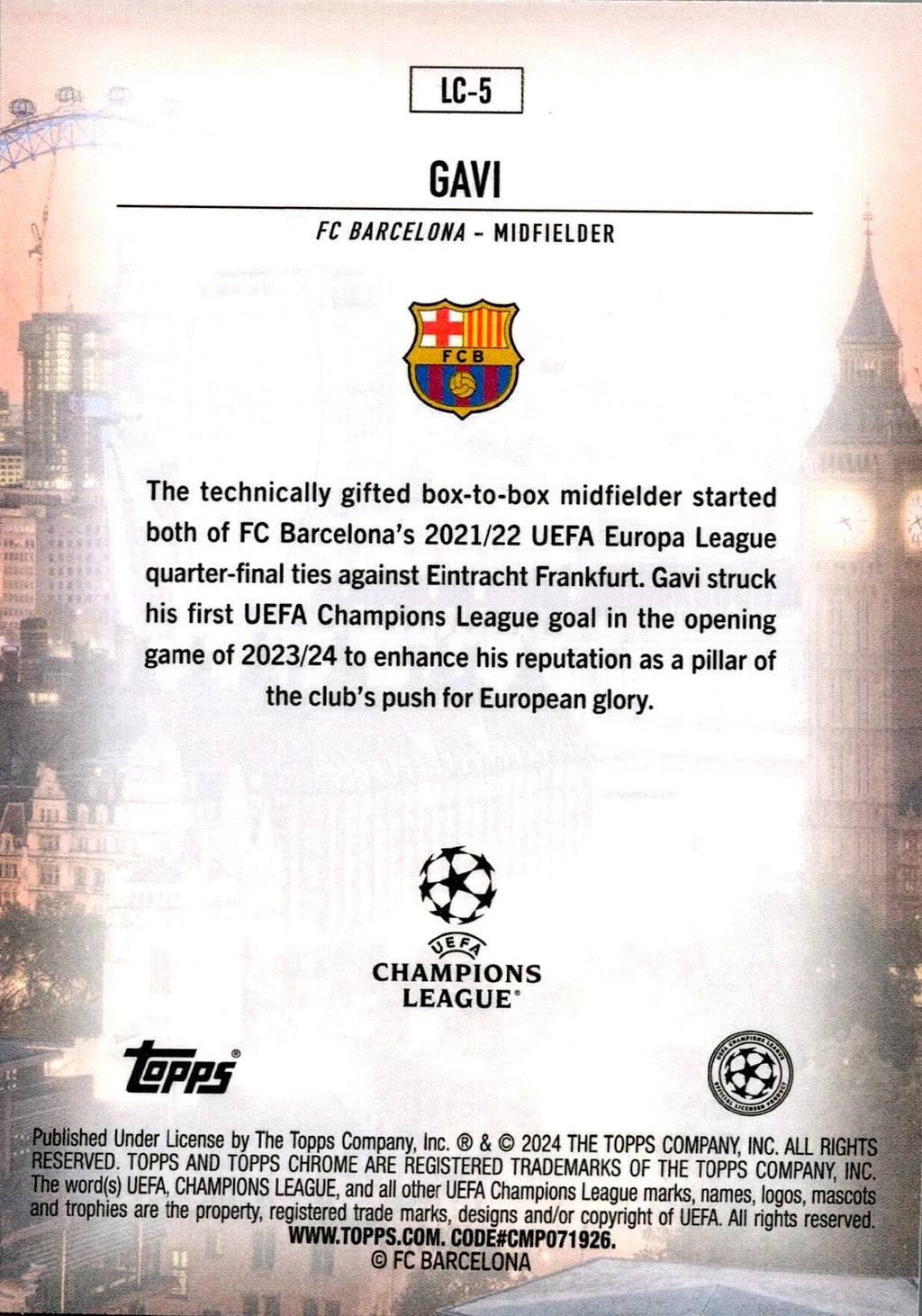 TOPPS CHROME UCL 2023/2024 GAVI LONDON CALLING NºLC-5