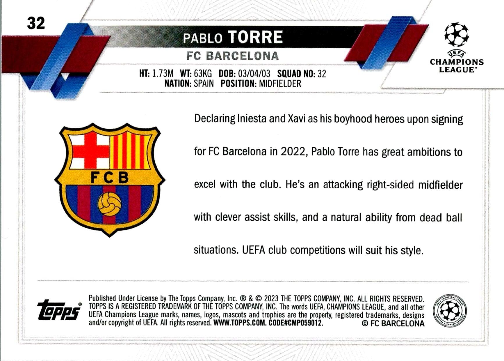 TOPPS UEFA CHAMPIONS LEAGUE 2022/2023 PABLO TORRE Nº32 ROOKIE 1ST