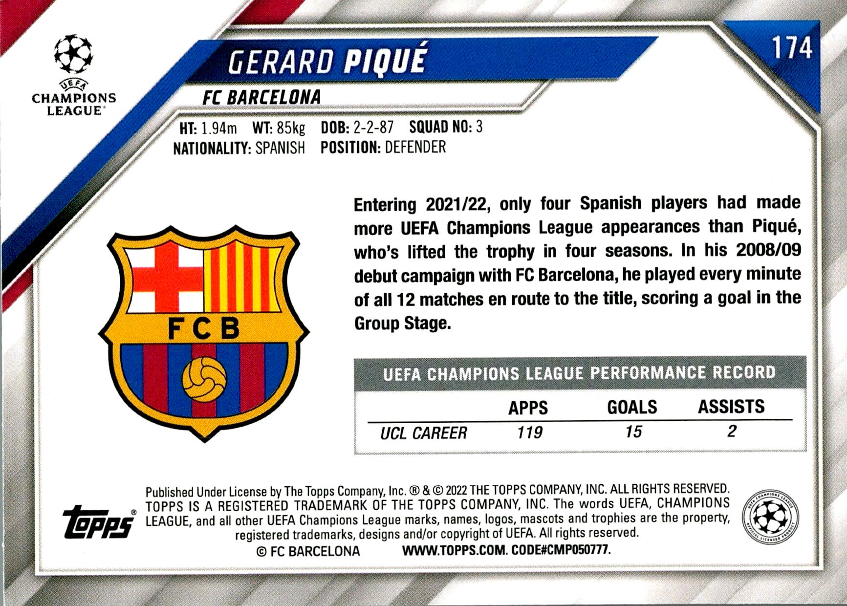 TOPPS UEFA CHAMPIONS LEAGUE 2021/2022 GERARD PIQUÉ Nº174 1ST