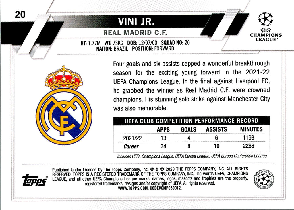 TOPPS UEFA CHAMPIONS LEAGUE 2022/2023 VINI JR. Nº20 1ST EDITION