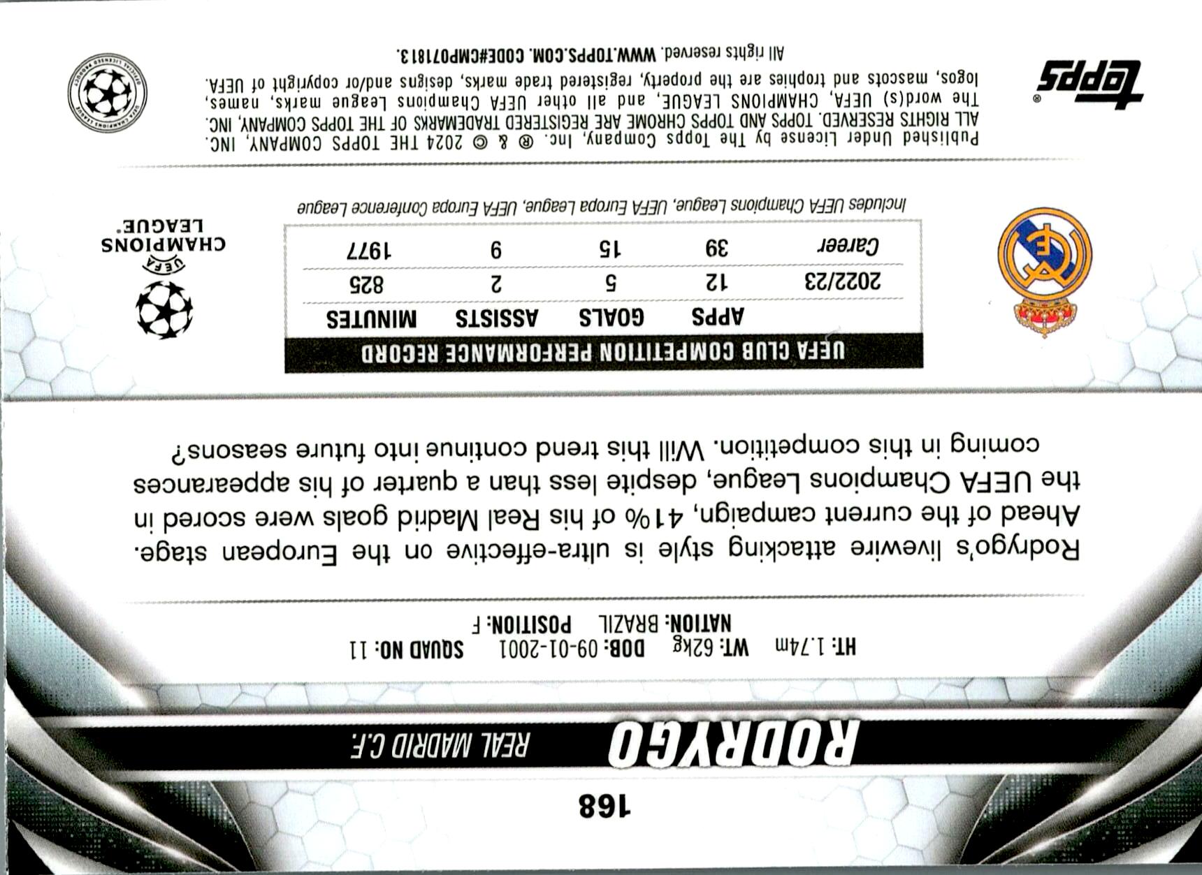 TOPPS CHROME 2023/2024 RODRYGO Nº168 NUMERADA /175