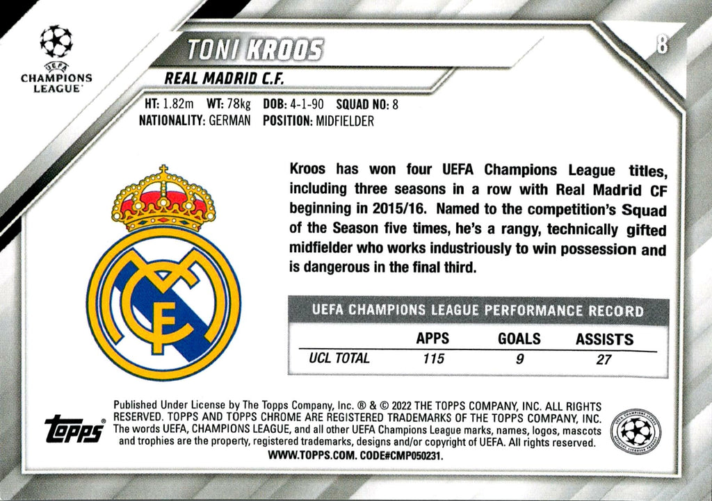 TOPPS UEFA CHAMPIONS LEAGUE 2021/2022 TONI KROOS Nº8 REFRACTOR