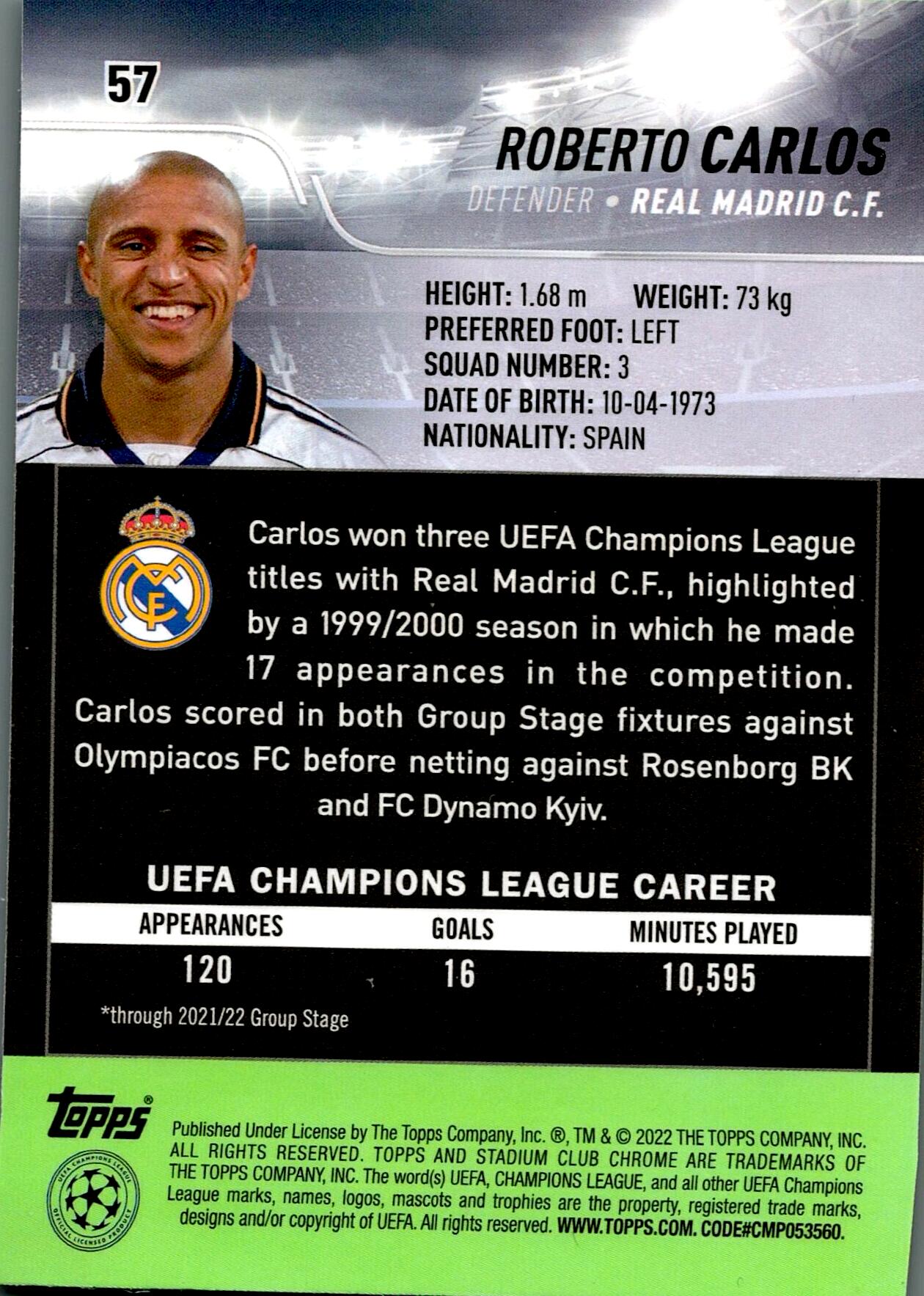 TOPPS STADIUM CHROME 2022 ROBERTO CARLOS Nº57