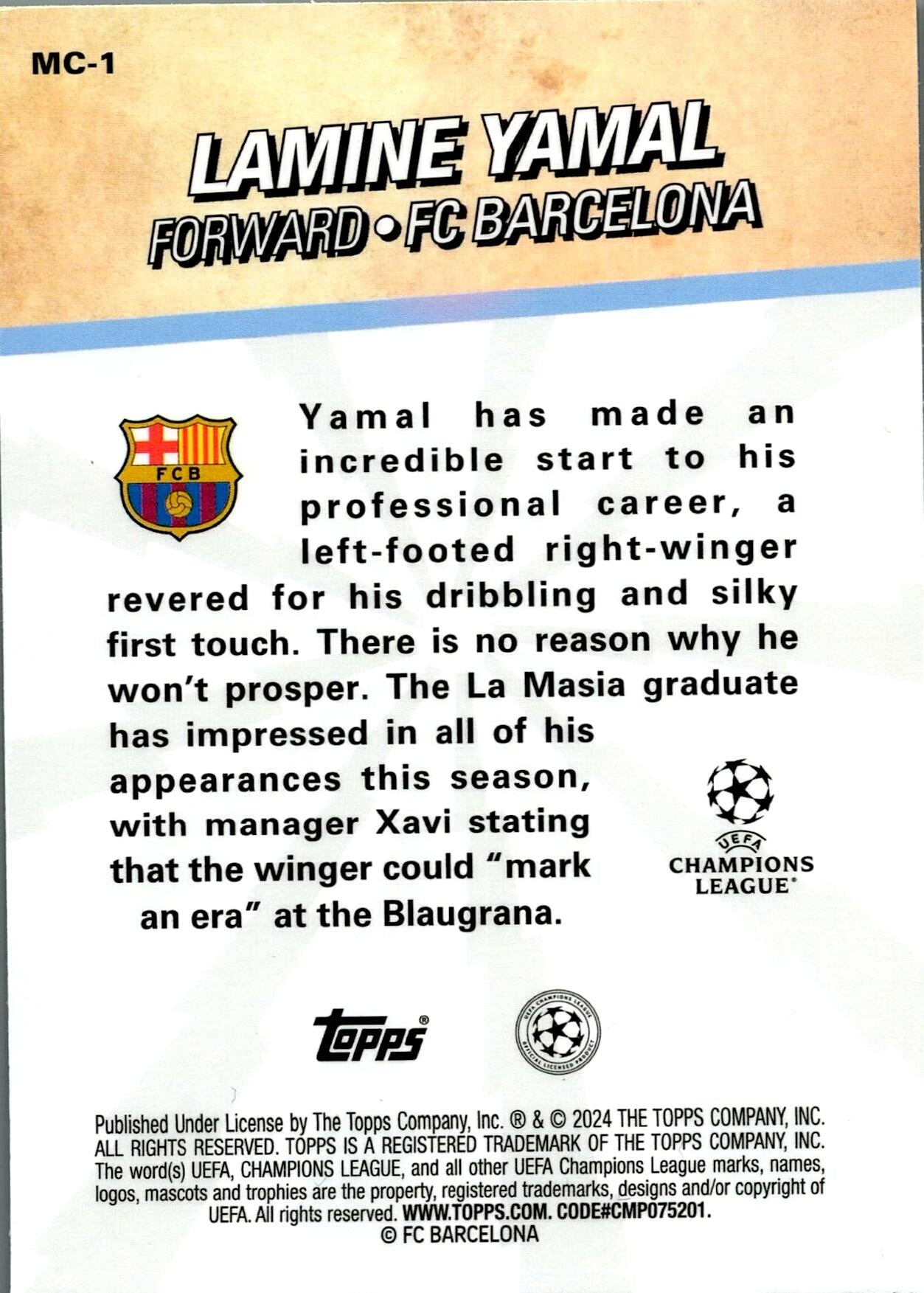 TOPPS MERLIN 2023/2024 LAMINE YAMAL MERLIN´S CHOSEN ONES NºMC-1 ROOKIE