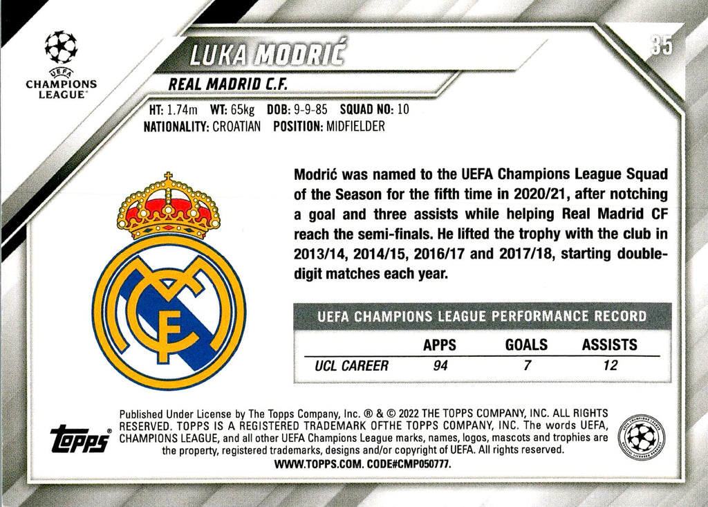 TOPPS UEFA CHAMPIONS LEAGUE 2021/2022 LUKA MODRIC Nº35