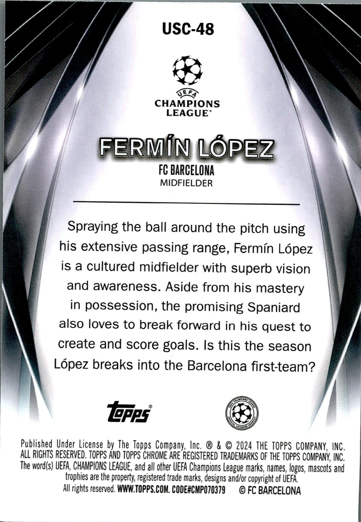TOPPS UEFA CHAMPIONS LEAGUE 2023/2024 FERMIN NºUSC-48 ROOKIE