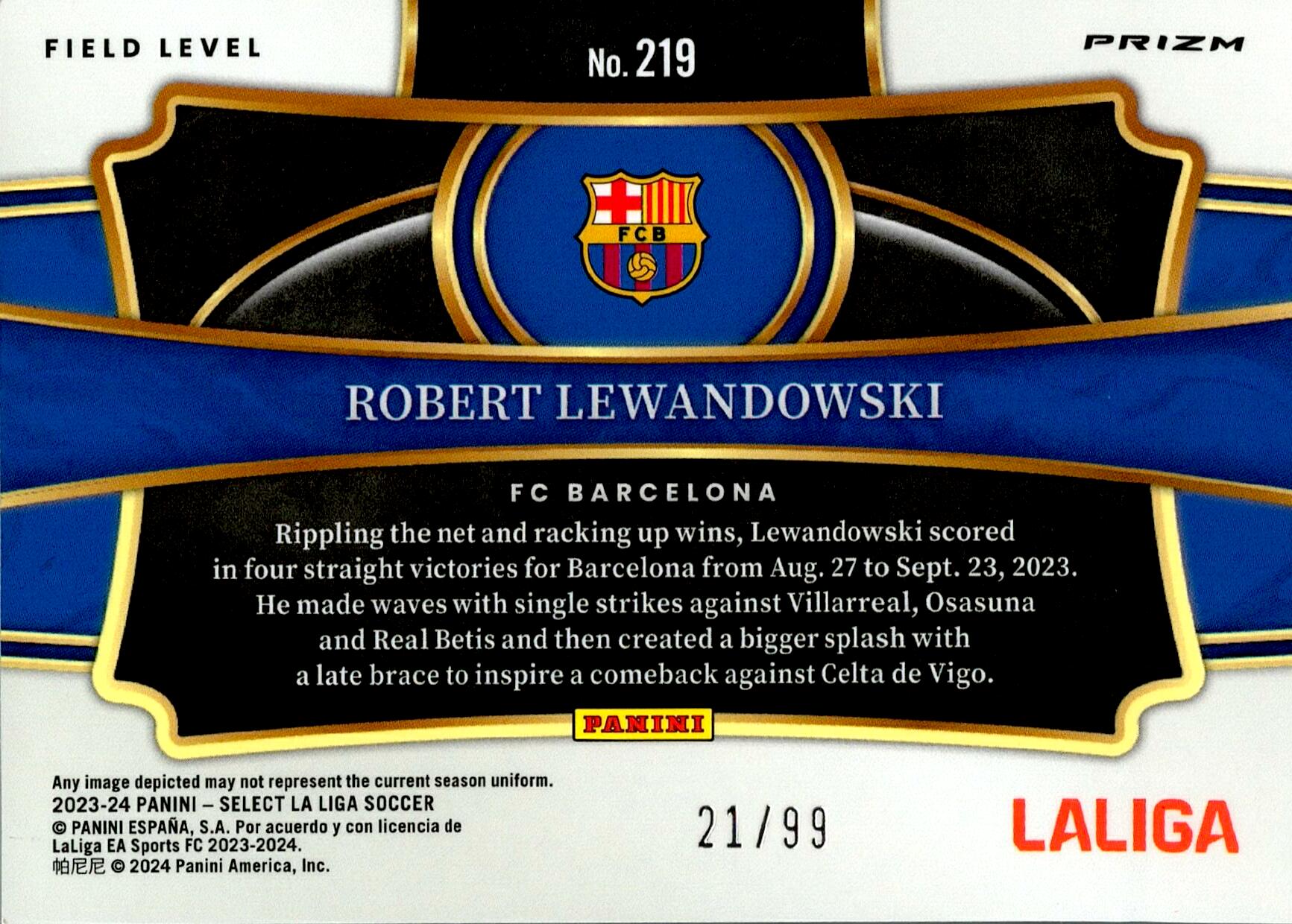 PANINI SELECT LA LIGA 2023/2024 LEWANDOWSKI Nº219 NUMERADA /99