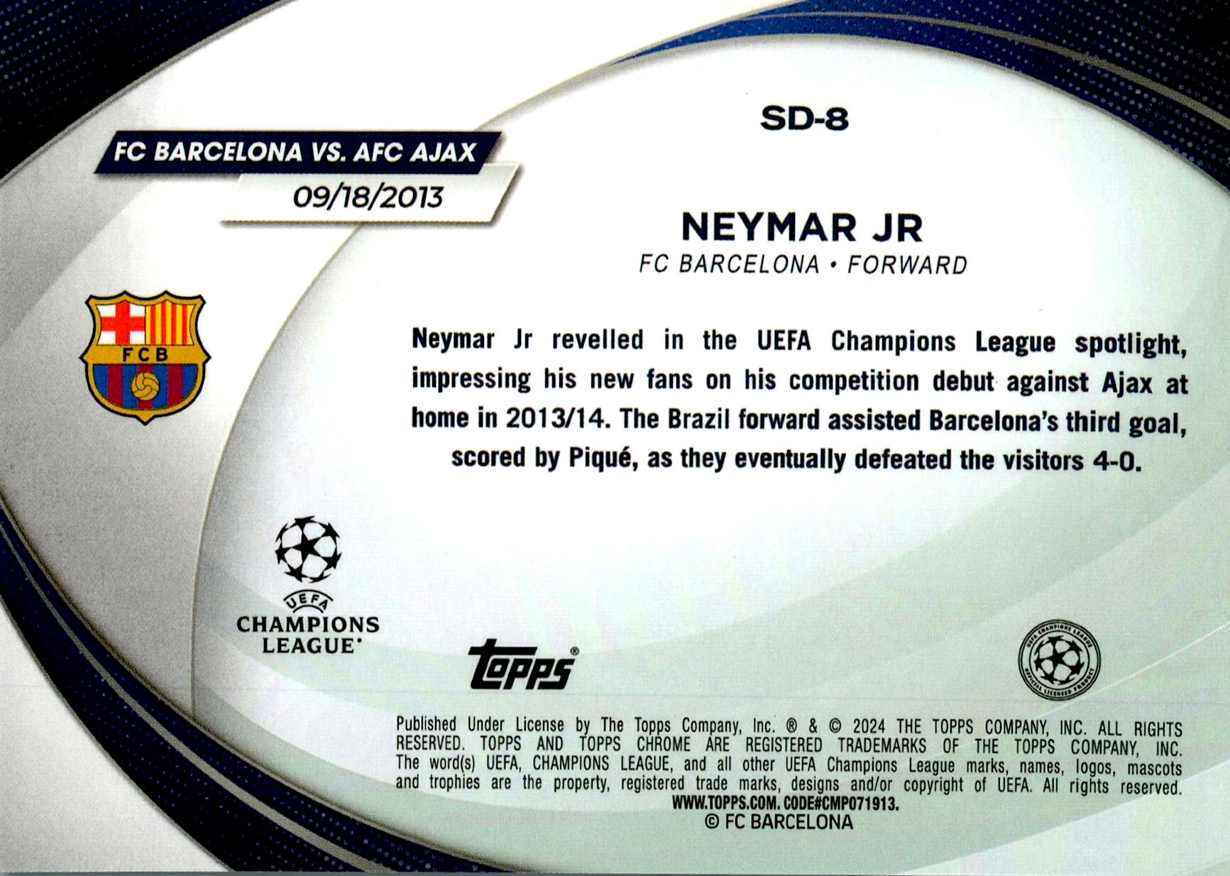 TOPPS CHROME UCL 2023/2024 NEYMAR JR STARBALL DEBUT NºSD-8 NUMERADA /199
