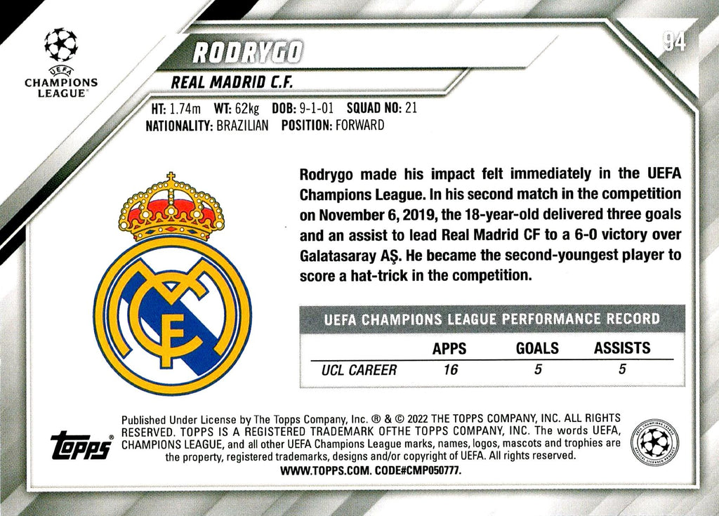 TOPPS UCL 2021/2022 RODRYGO Nº94 1ST EDITION