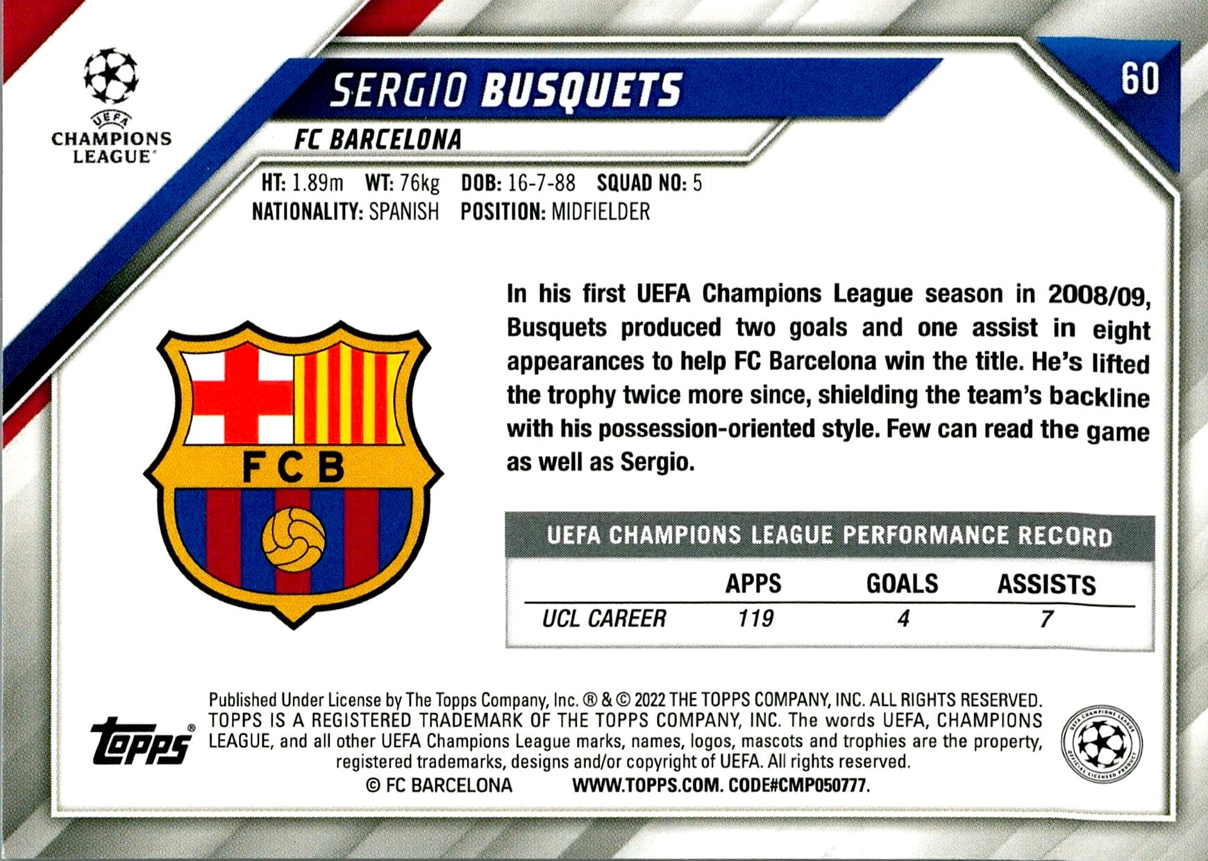 TOPPS UEFA CHAMPIONS LEAGUE 2021/2022 SERGIO BUSQUETS Nº60
