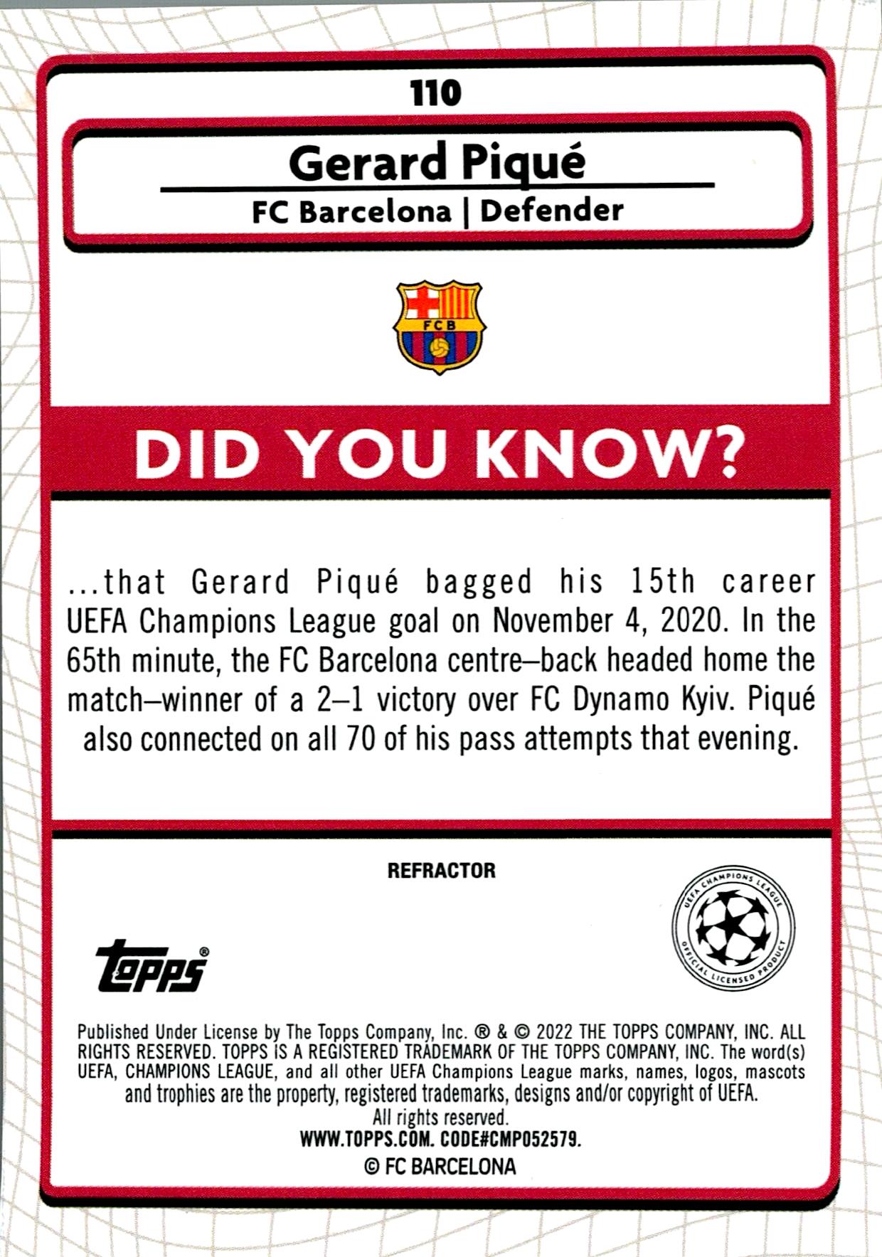 TOPPS MERLIN UCL 2021/2022 GERARD PIQUÉ Nº110