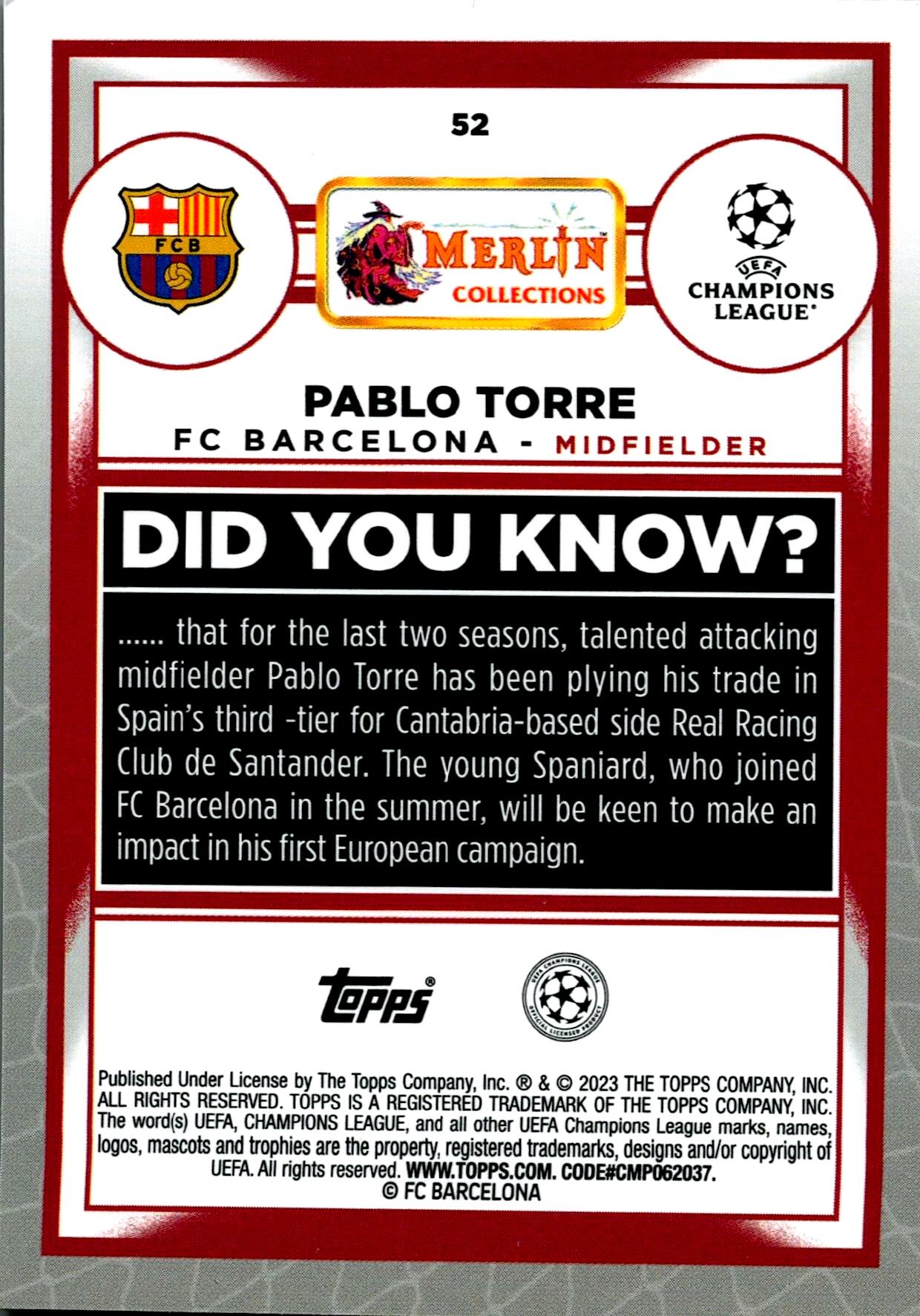 TOPPS MERLIN UCL 2022/2023 PABLO TORRE Nº52 ROOKIE