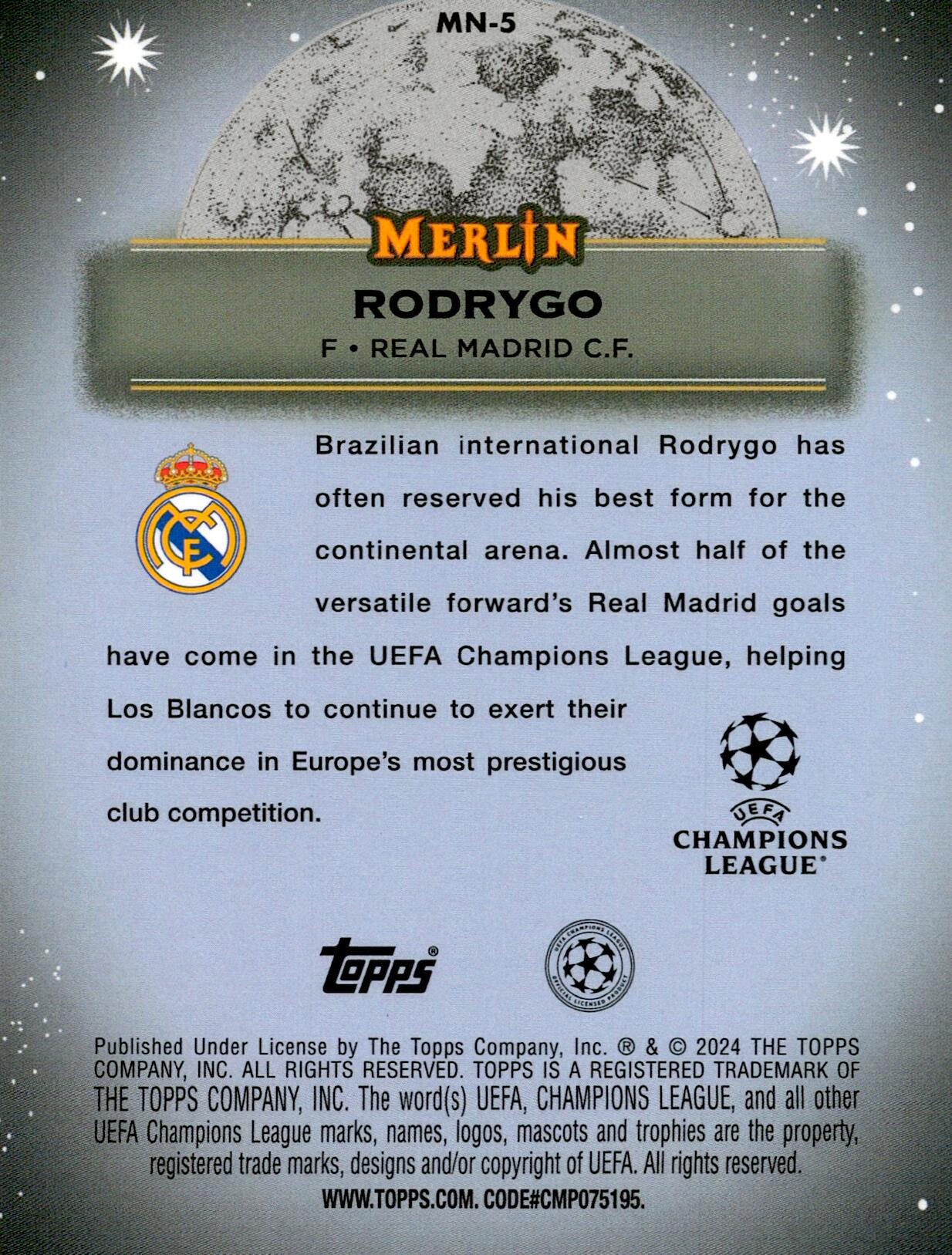 TOPPS MERLIN UCL 2024 RODRYGO MYSTIC NIGHTS NºMN-5