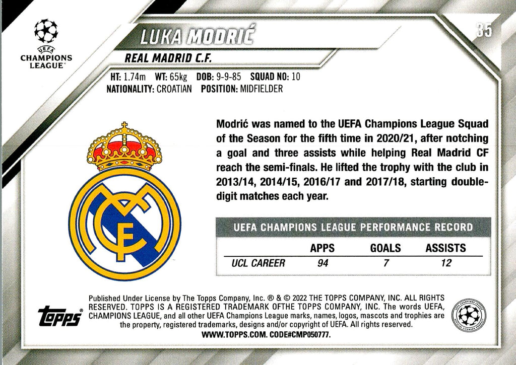 TOPPS UEFA CHAMPIONS LEAGUE 2021/2022 LUKA MODRIC Nº35 1ST EDITION