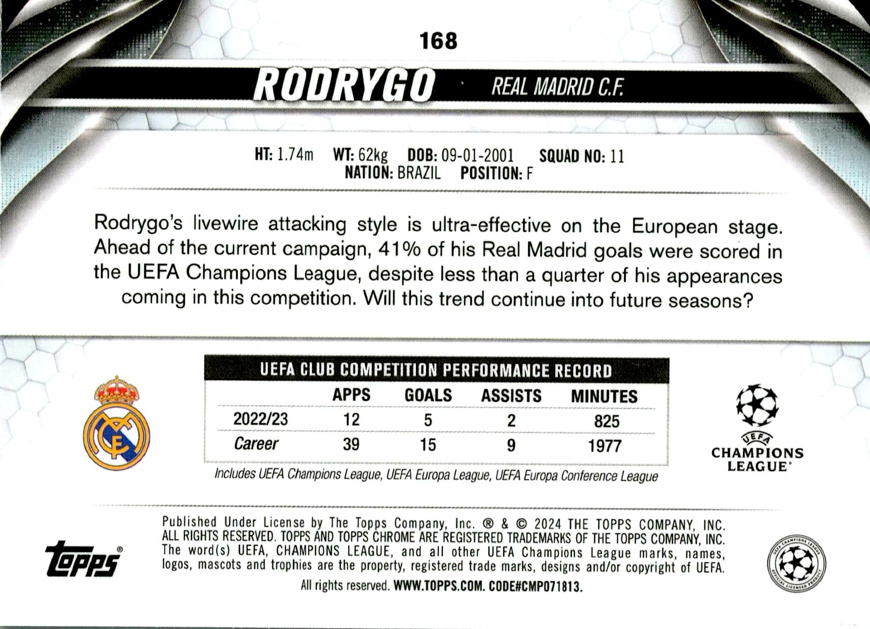 TOPPS CHROME 2023/2024 RODRYGO Nº168 NUMERADA /399