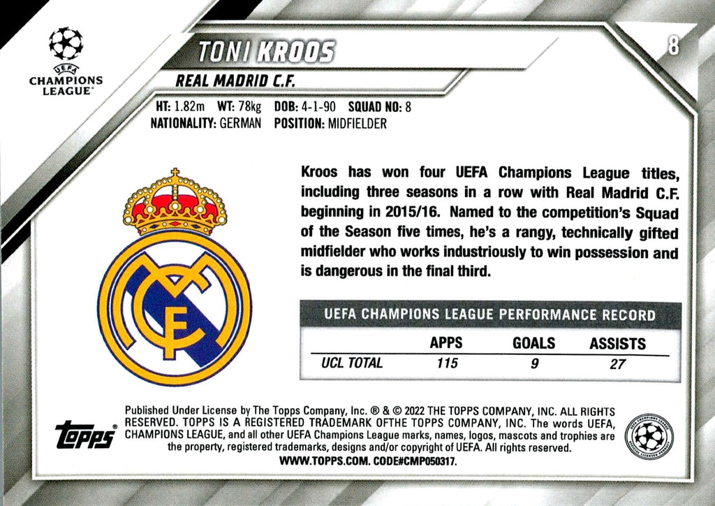 TOPPS UEFA CHAMPIONS LEAGUE 2021/2022 TONI KROOS Nº8 BLUE REFRACTOR