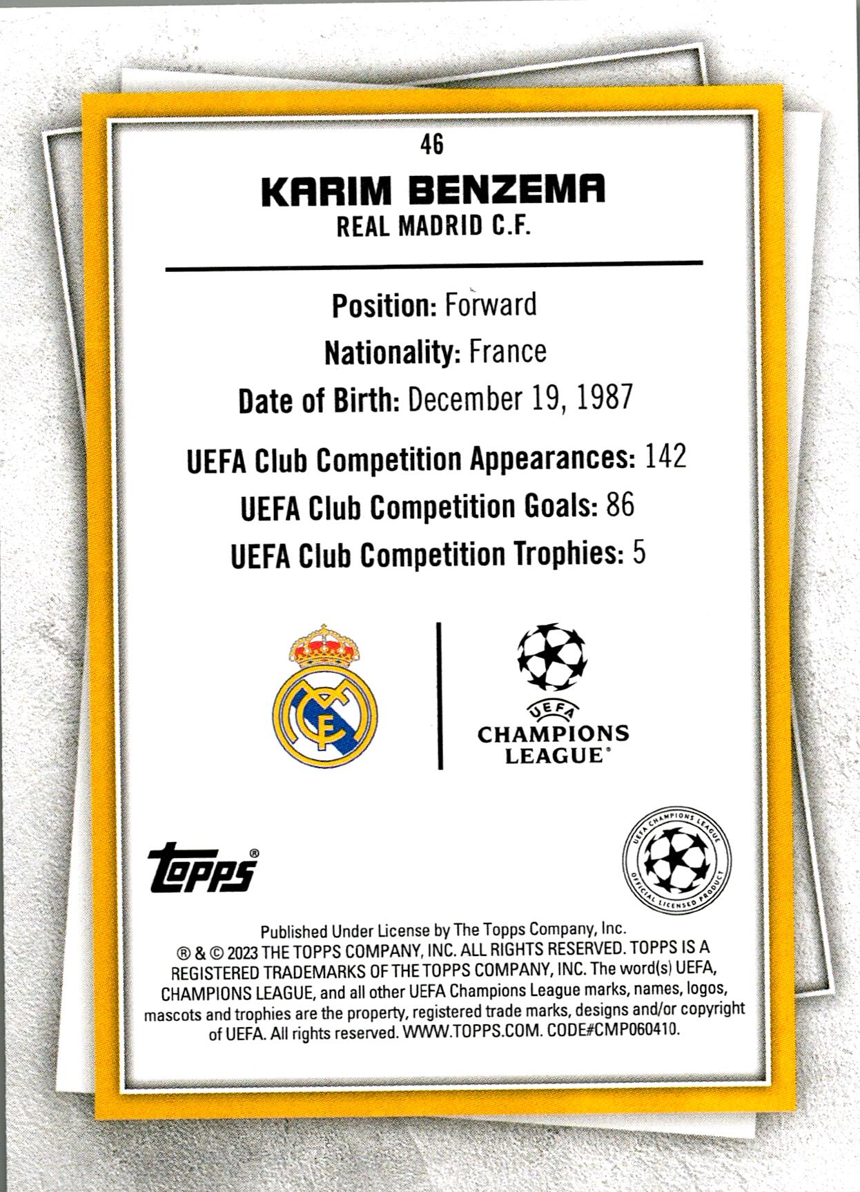 TOPPS SUPERSTARS UCL 2021/2022 BENZEMA Nº46 YELLOW