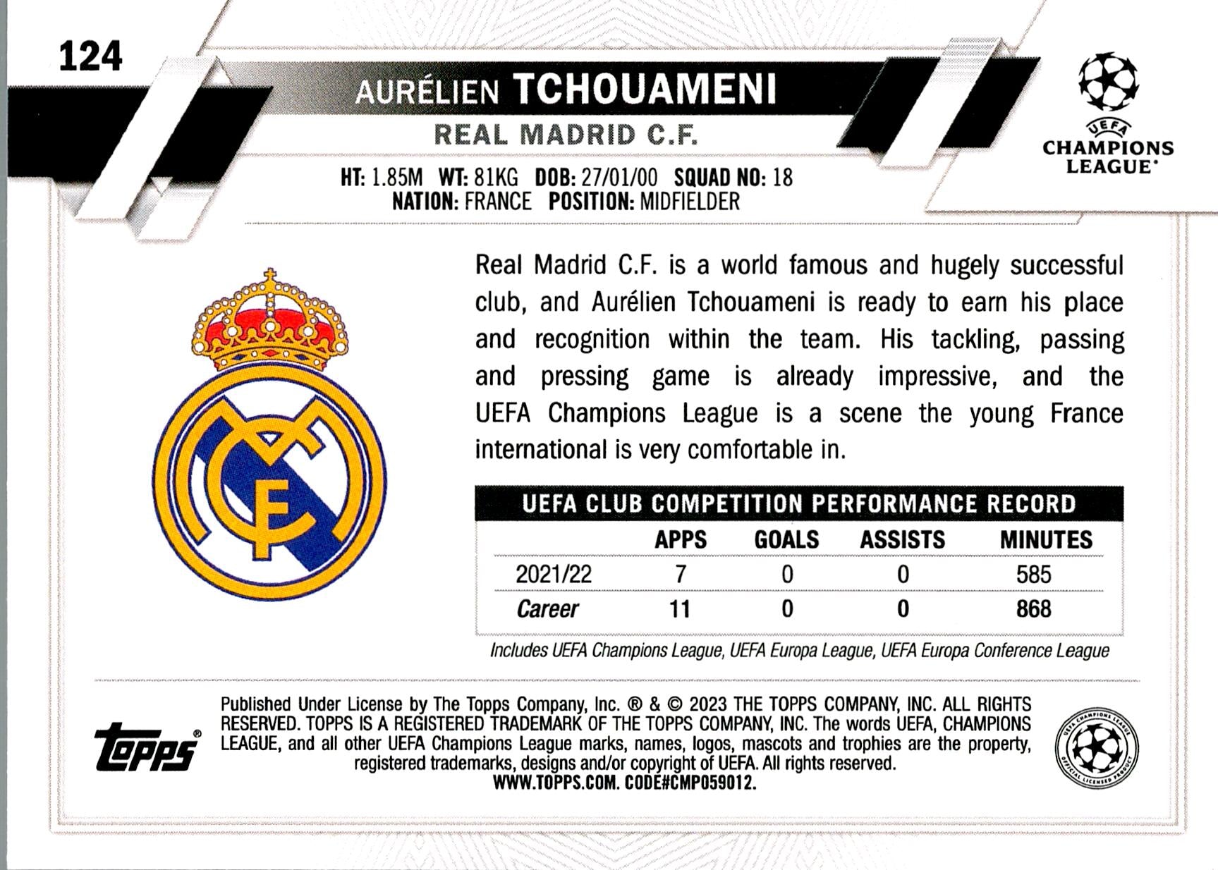 TOPPS UEFA CHAMPIONS LEAGUE 2022/2023 TCHOUAMENI Nº124 FUTURE STARS 1ST EDITION