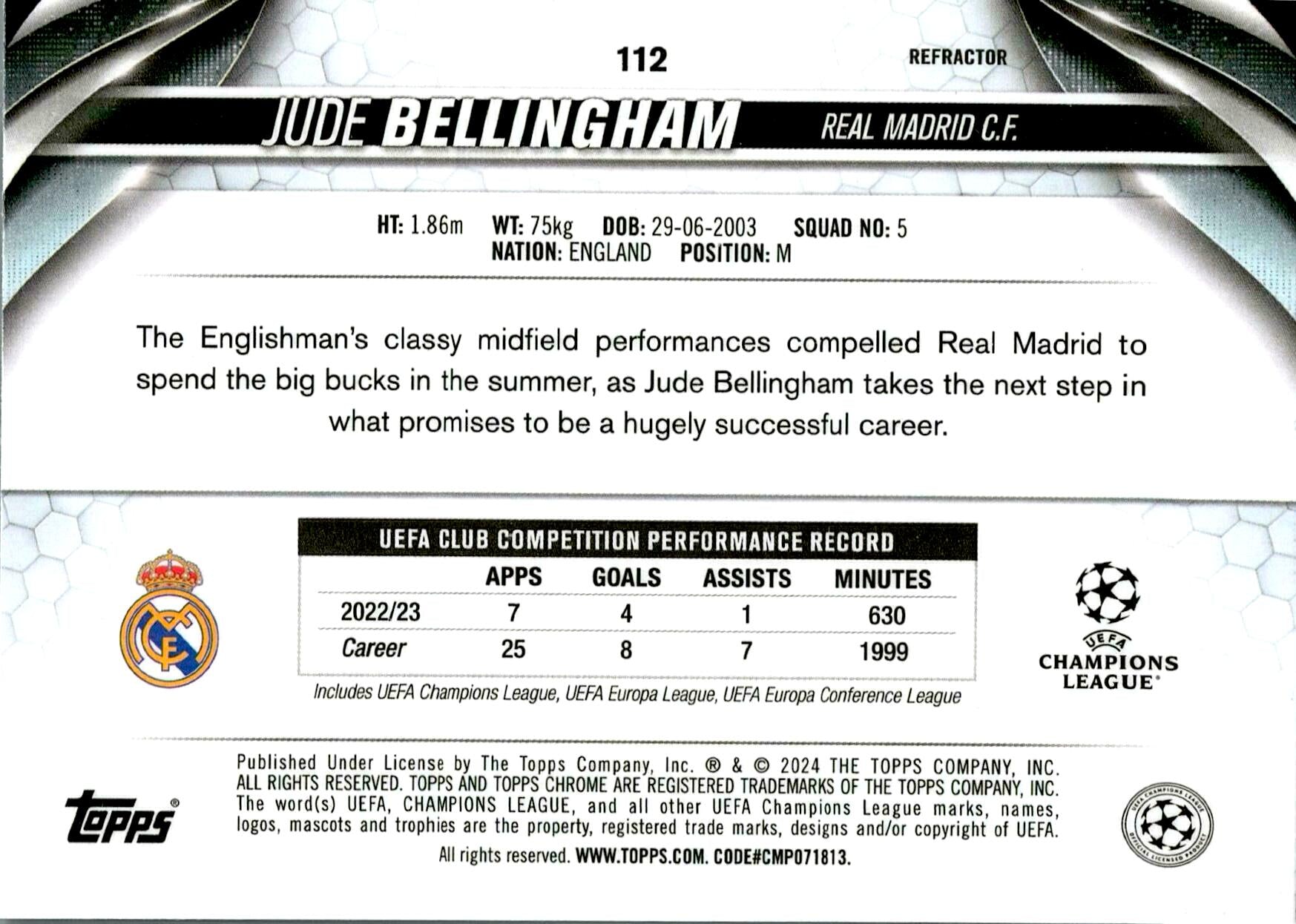 TOPPS CHROME 2023/2024 BELLINGHAM REFRACTOR Nº112