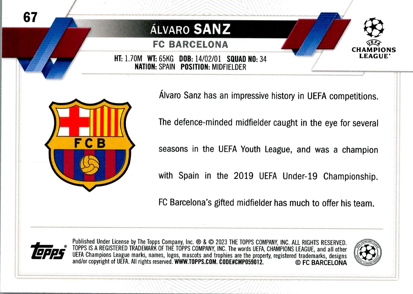 TOPPS UEFA CHAMPIONS LEAGUE 2022/2023 ALVARO SANZ Nº67 ROOKIE 1ST